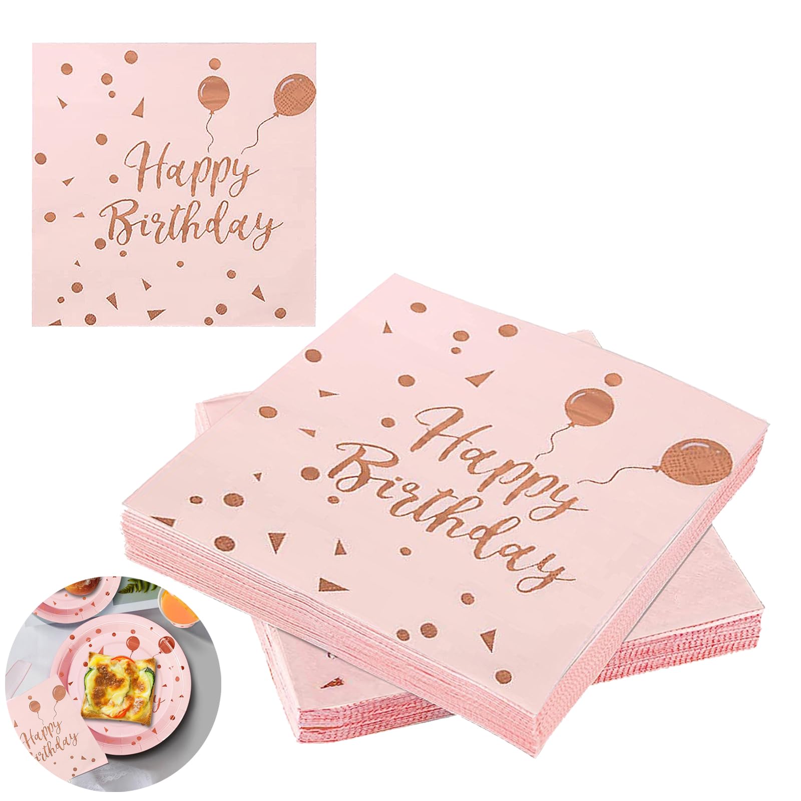 40 PCS Happy Birthday Napkins, Rose Gold Napkins, Pink Rose Gold Napkins, Disposable Tableware Dinnerware, for Graduation Anniversary Wedding Bridal