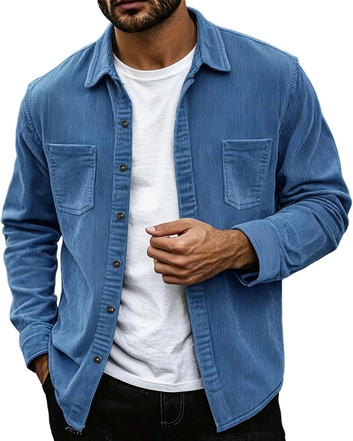 Men's Corduroy Button Down Shirts Long Sleeve Casual Shacket Jacket