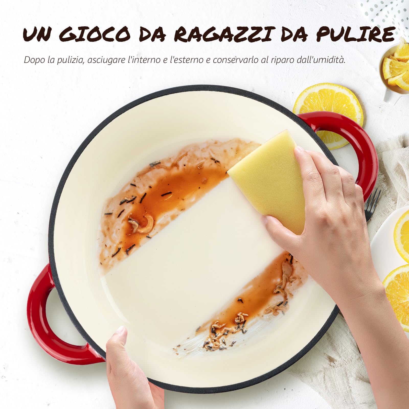 Overmont Casseruola in Ghisa Smaltata - Antiaderente Forno Olandese con Coperchio - Ø26 CM Rotonda Cocotte per Adatto a Piani di Cottura e Forni a Induzione - Rosso