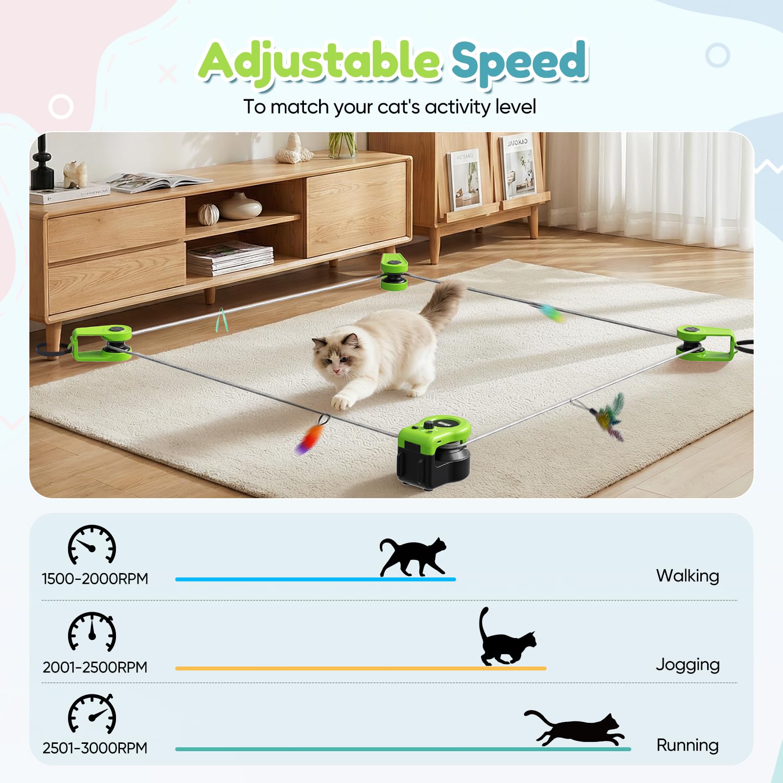Juguete para Gatos para Interiores, Nueva Cinta de Correr para Gatitos, Control Automático/Remoto, Velocidad Ajustable, Juego de Persecución y Ruta de Carrera con Diseño DIY (Verde)