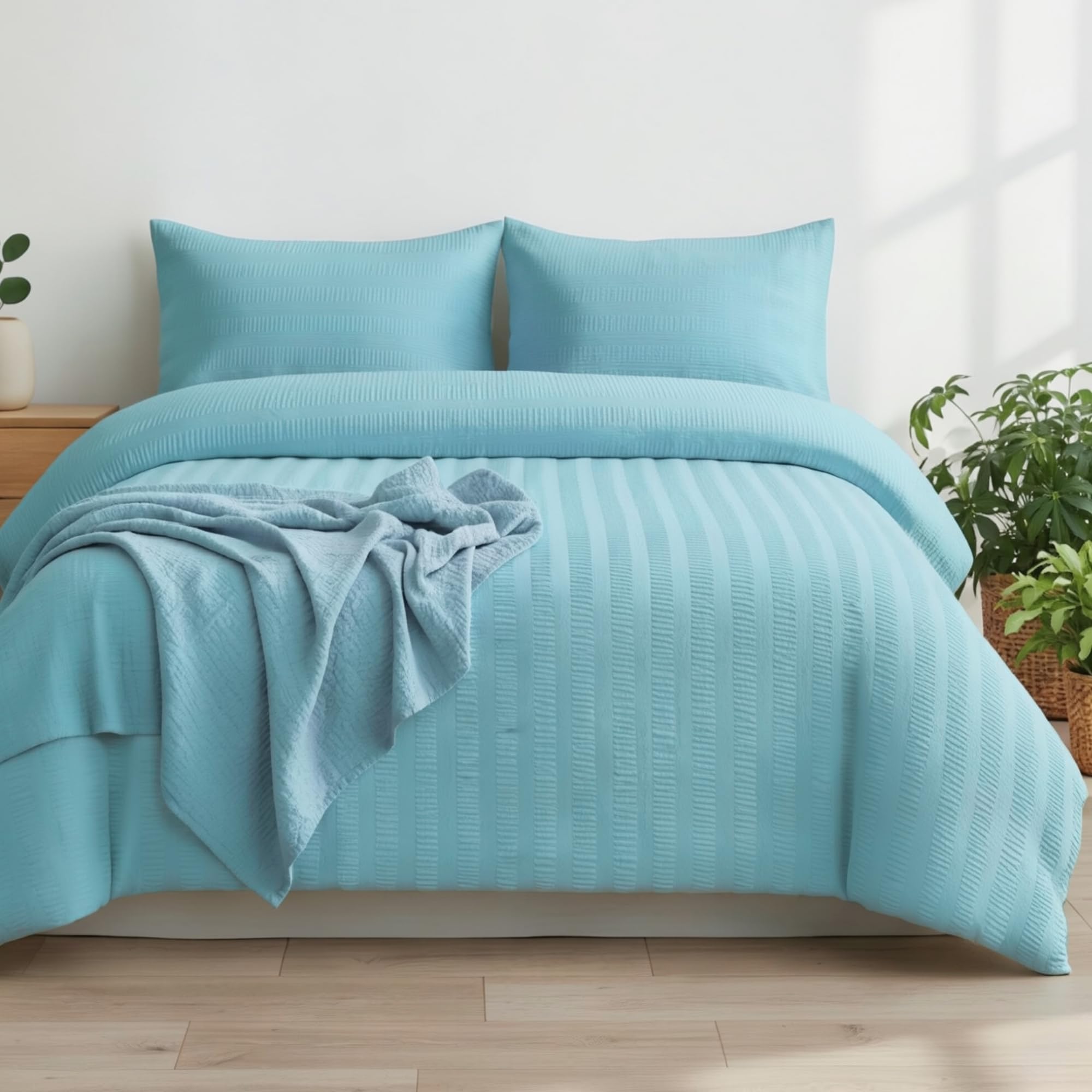 Q&H Bedding Single Seersucker Duvet Cover Set - Duck Egg Quilt Cover Brushed Microfiber with Pillowcase - Multiple Sizes Complete Bedding Set - Soft & Breathable, Easy Care & Machine Washable โ image 1