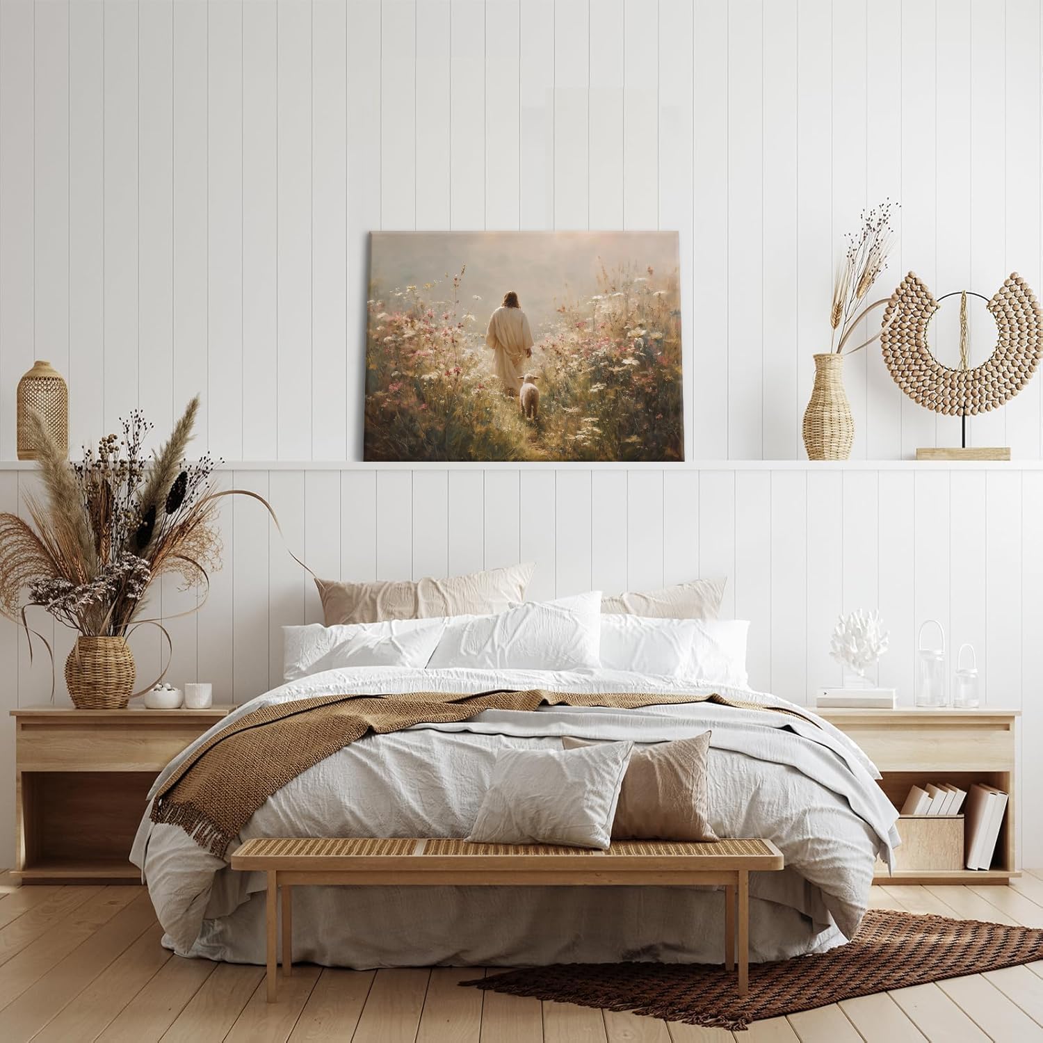 Jesus Leaves the 99 Sheep Wall Art The Lost Sheep Bible Stories Painting picture Wall Decor religion Christian Wildflowers Poster Print Artwork for Church LDS bedroom Living Home Decor 16x24 in Canvas
