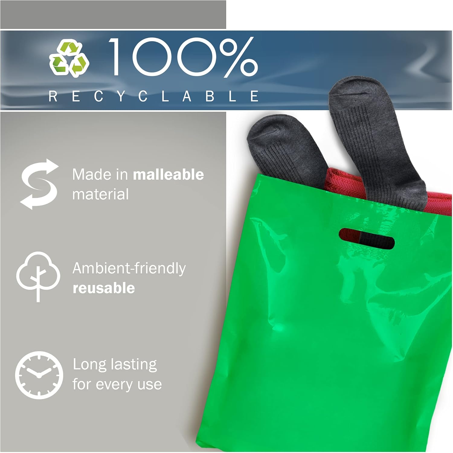 Green Merchandise Plastic Shopping Bags - 100 Pack 12" x 15" with 1.5 mil Thick - Die Cut Handles - Perfect for Retail, Party Favors, Birthdays, Goodie Bags - Color Green - 100% Recyclable - Image 6