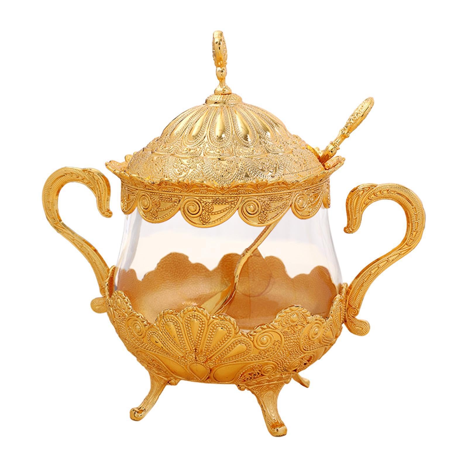 Pixzcsa Golden/Gold Elegant Sugar Bowl With Lid And Spoon Stylish Spice Jars Sugar Container Storage Seasoning Pot Kitchen Countertop Condiment Pot Salt Bowl Salt