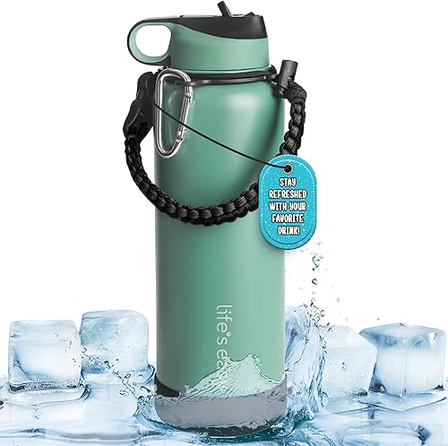Life's Easy Botella de agua aislada de acero inoxidable, botella de agua deportiva con tapa de popote y mosquetón de paracaídas, frasco al vacío