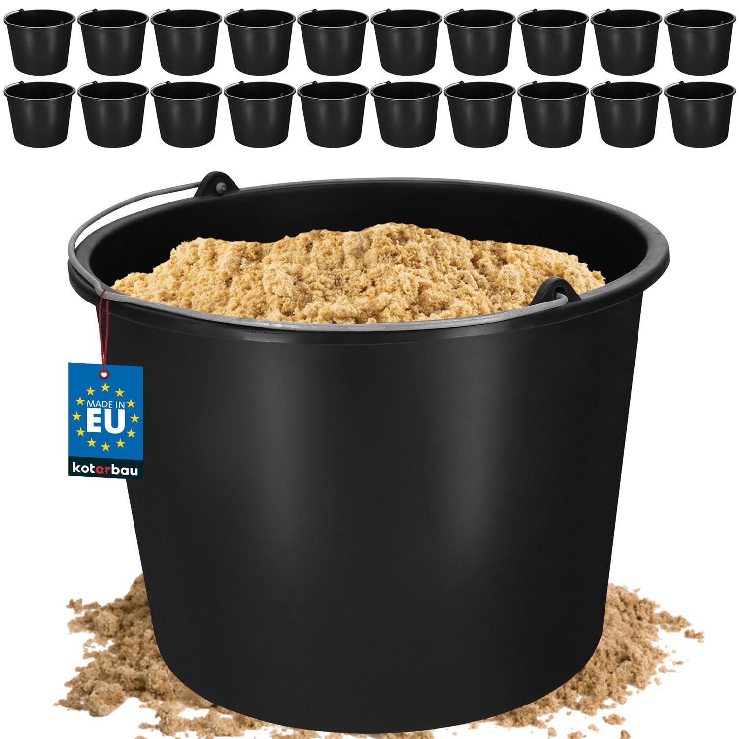 KOTARBAU Set di 20 secchi per l’edilizia, caldarella in plastica da 12 litri, per lavori edilizia, cemento, acqua, per il giardinaggio, colore nero