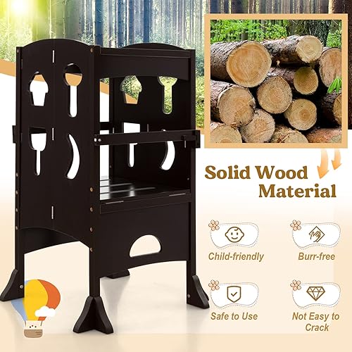 Miniatura 4 de Costzon Taburete plegable de cocina para niños con riel de seguridad, torre de pie de madera ajustable en altura para niños pequeños, torre de