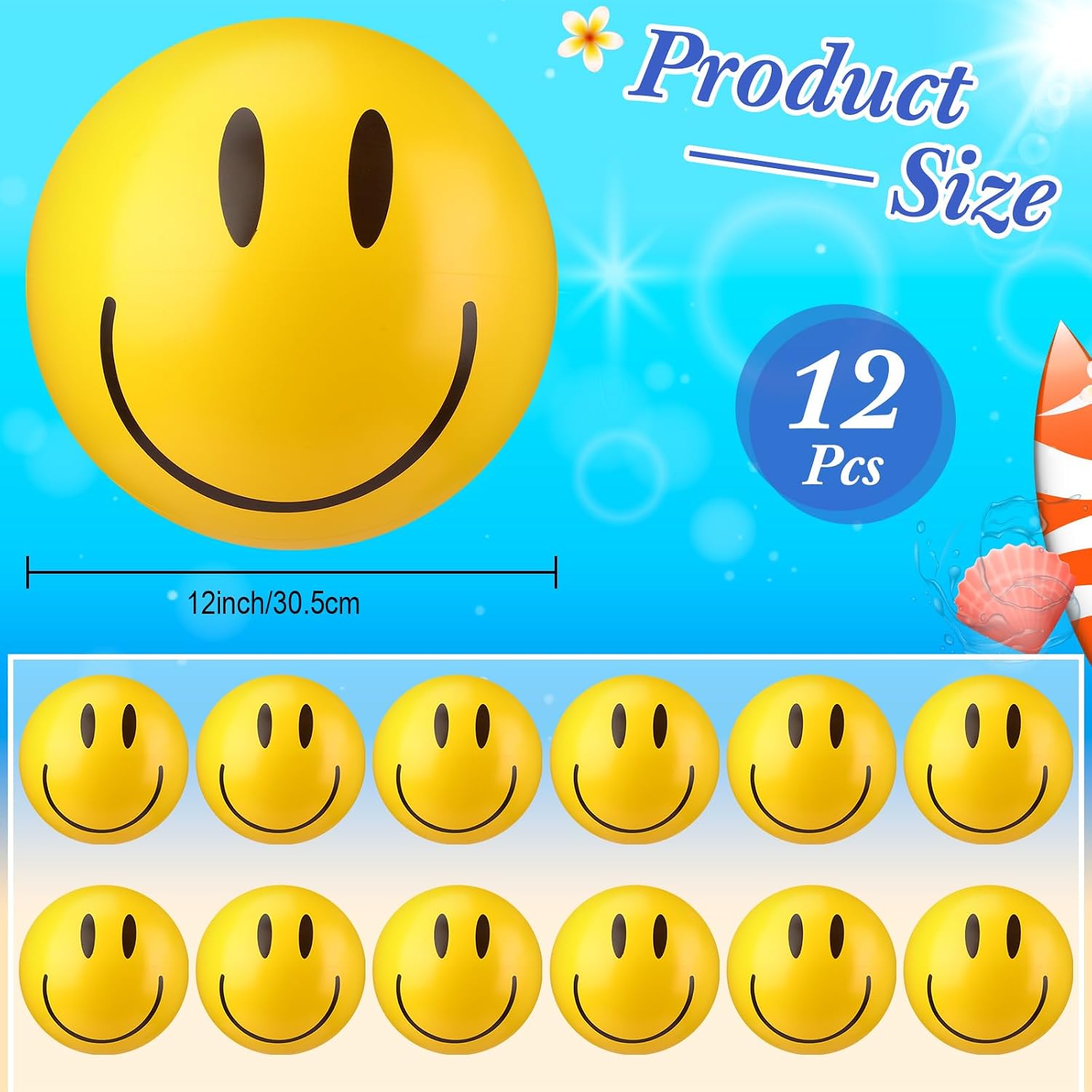 Smile Inflatable Beach Balls 12 Inch Summer Beach Pool Party Toys Bulk Yellow Smile Face Water Balls for Summer Vacation Swimming Pool Games Birthday Party Favors