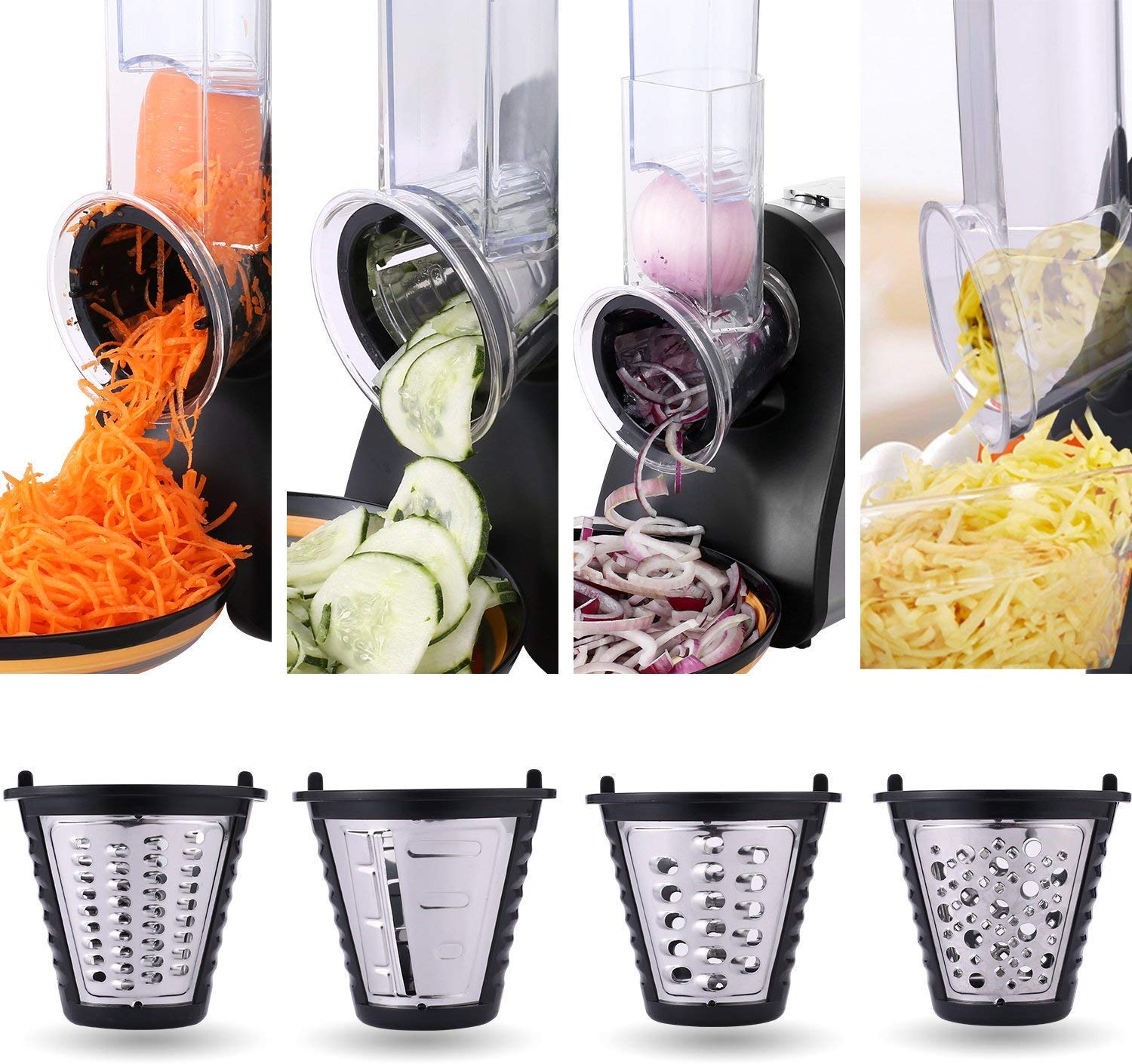 COOCHEER Rallador Electrico, Cortador de Verduras y Fruta Eléctrico 150W con 5 Accesorios y Tubo de Alimentación Grande,para Sus Verduras y Fruta, Sin BPA