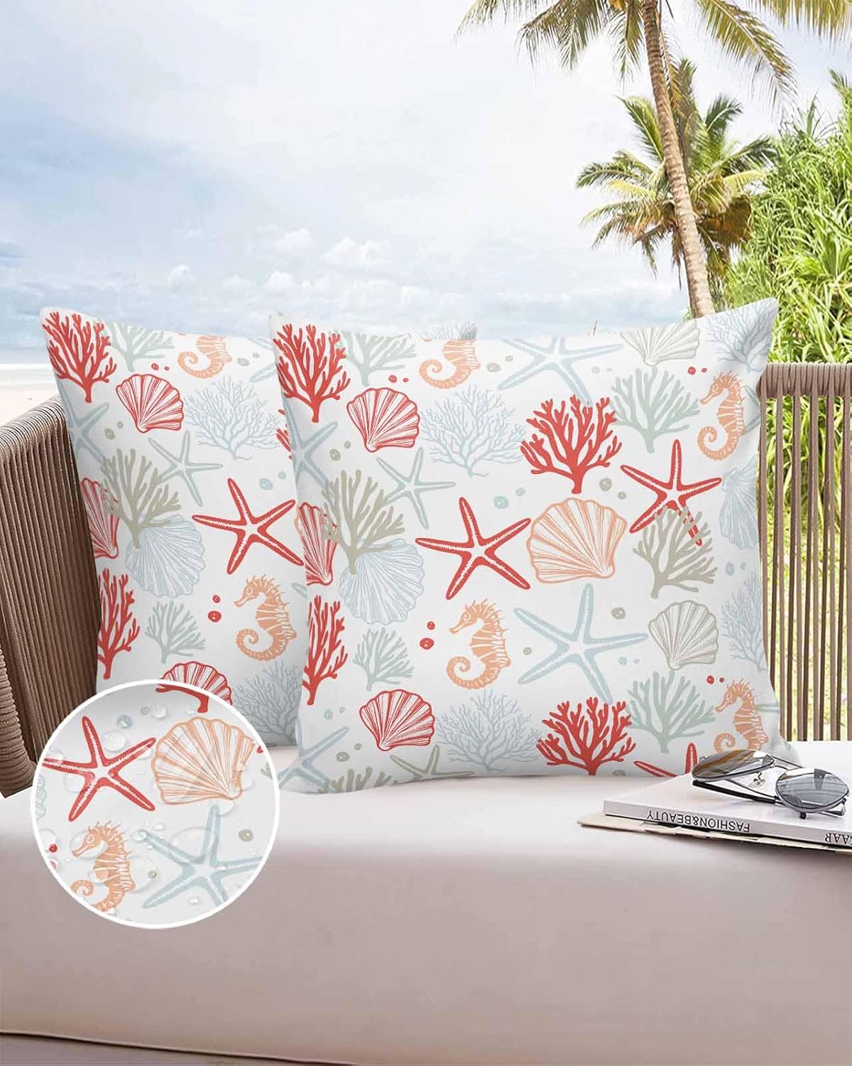 Pack of 2 Red Coral Shell Starfish Outdoor Pillow Waterproof Covers 26x26 inch, Ocean Abstract Bubble Polyester Throw Pillow Covers Garden Cushion Decorative Case for Patio Couch Decoration