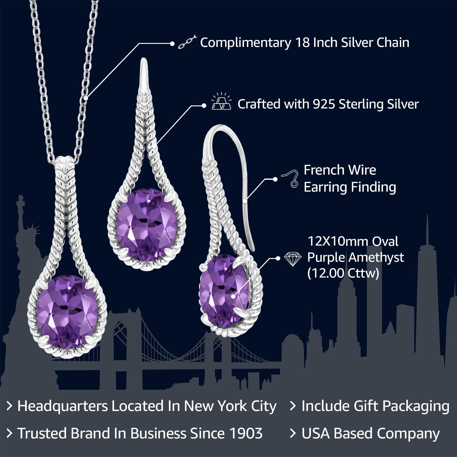 Gem Stone King Gemstone Birthstone Pendant and Earrings Jewelry Set For Women In 925 Sterling Silver | Oval 12X10MM | With 18 Inch Silver Chain - Image 2