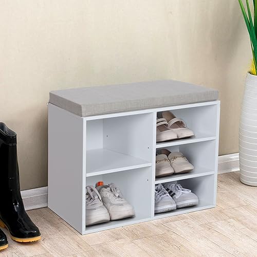 Miniatura 10 de MFSTUDIO Banco de almacenamiento de zapatos, banco pequeño de entrada para zapatos con cojín de asiento y estantes ajustables, organizador
