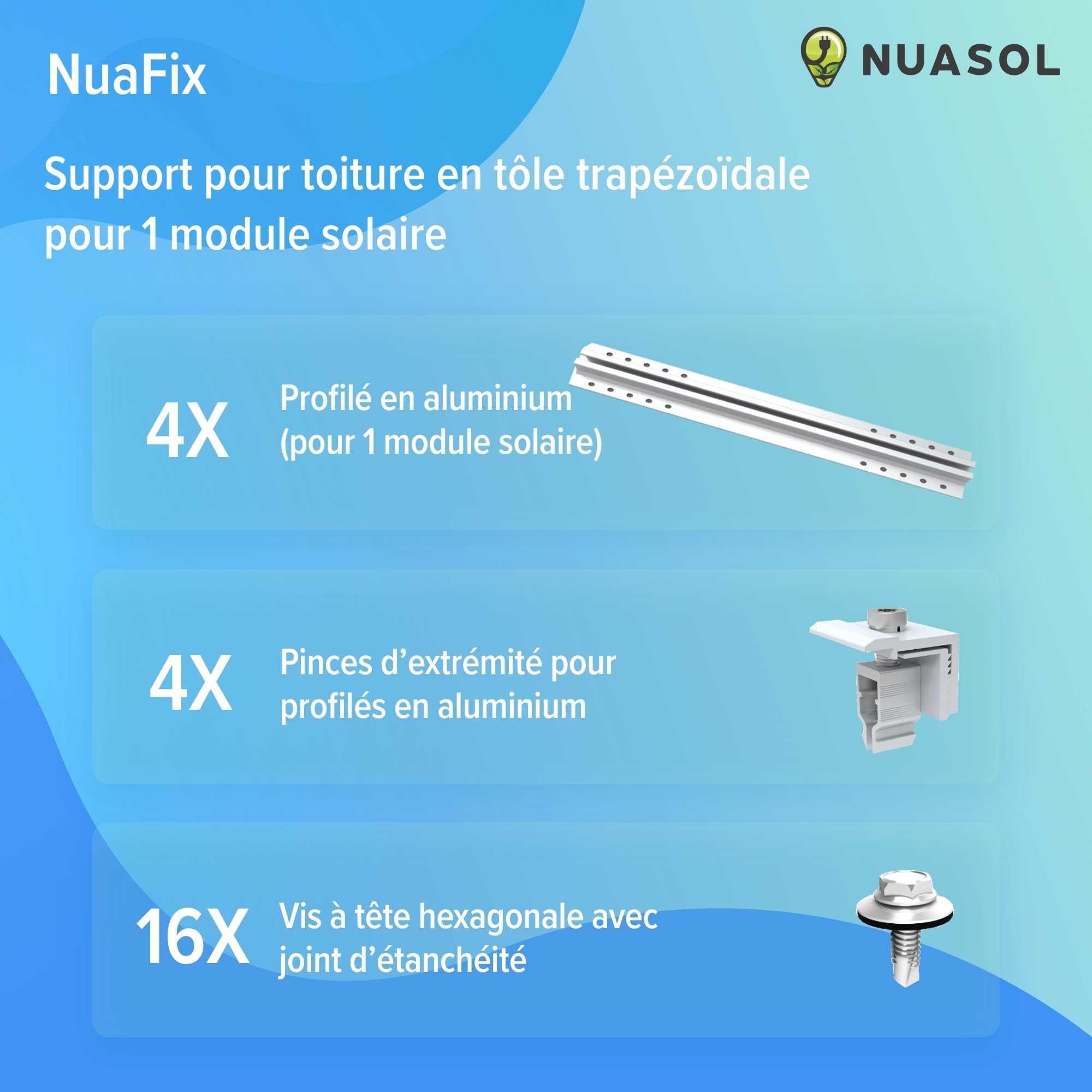 Kit de montage pour toit en tôle ondulée photovoltaïque | Fixation, support pour 1 module | Profil en T 40 cm | Support de panneau solaire avec pince terminale et vis pour modules solaires de