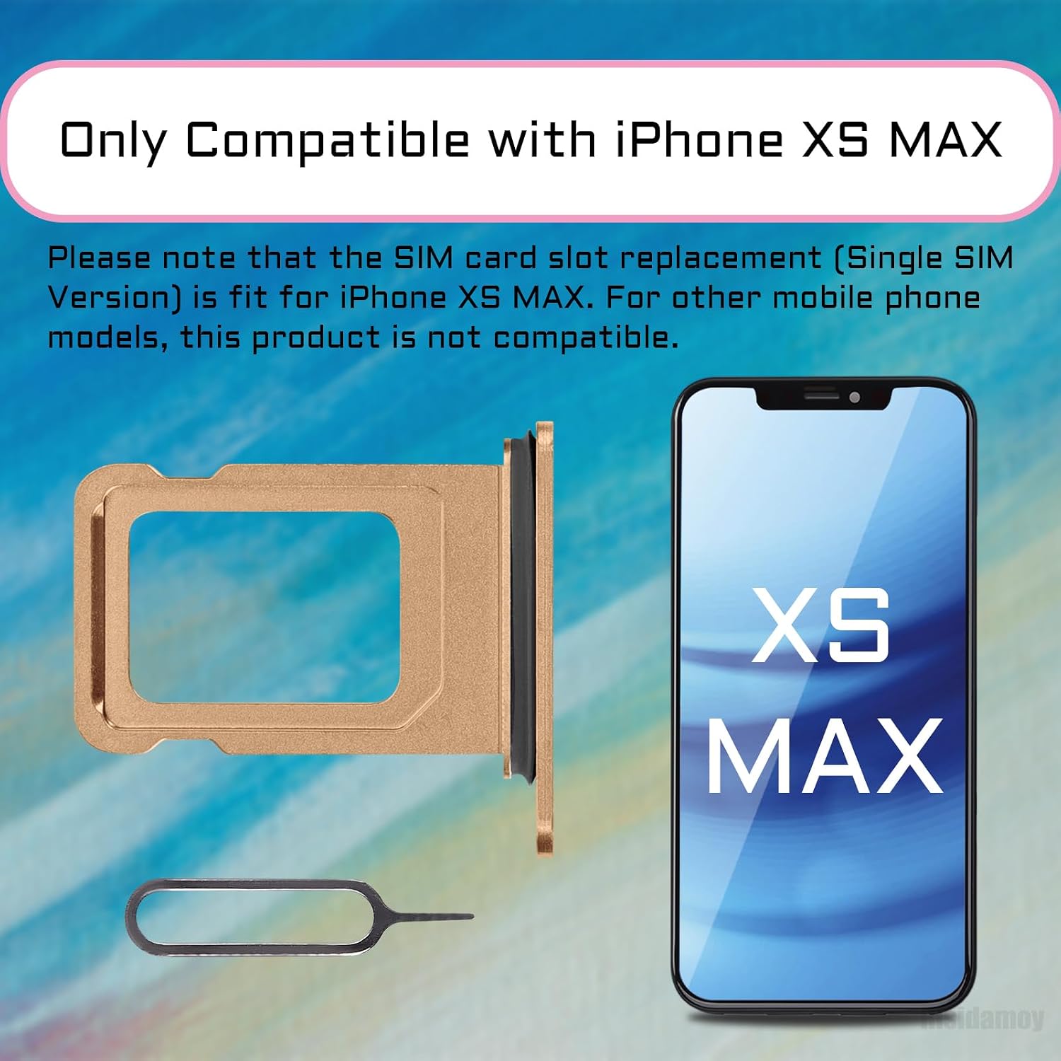 for iPhone Xs Max Gold Single SIM Card Tray Slot Replacement | Single SIM Version Card Tray Holder Replace with Waterproof Rubber Ring SIM Ejector for XSMAX A1921 A2101 A2102 A2103 A2104