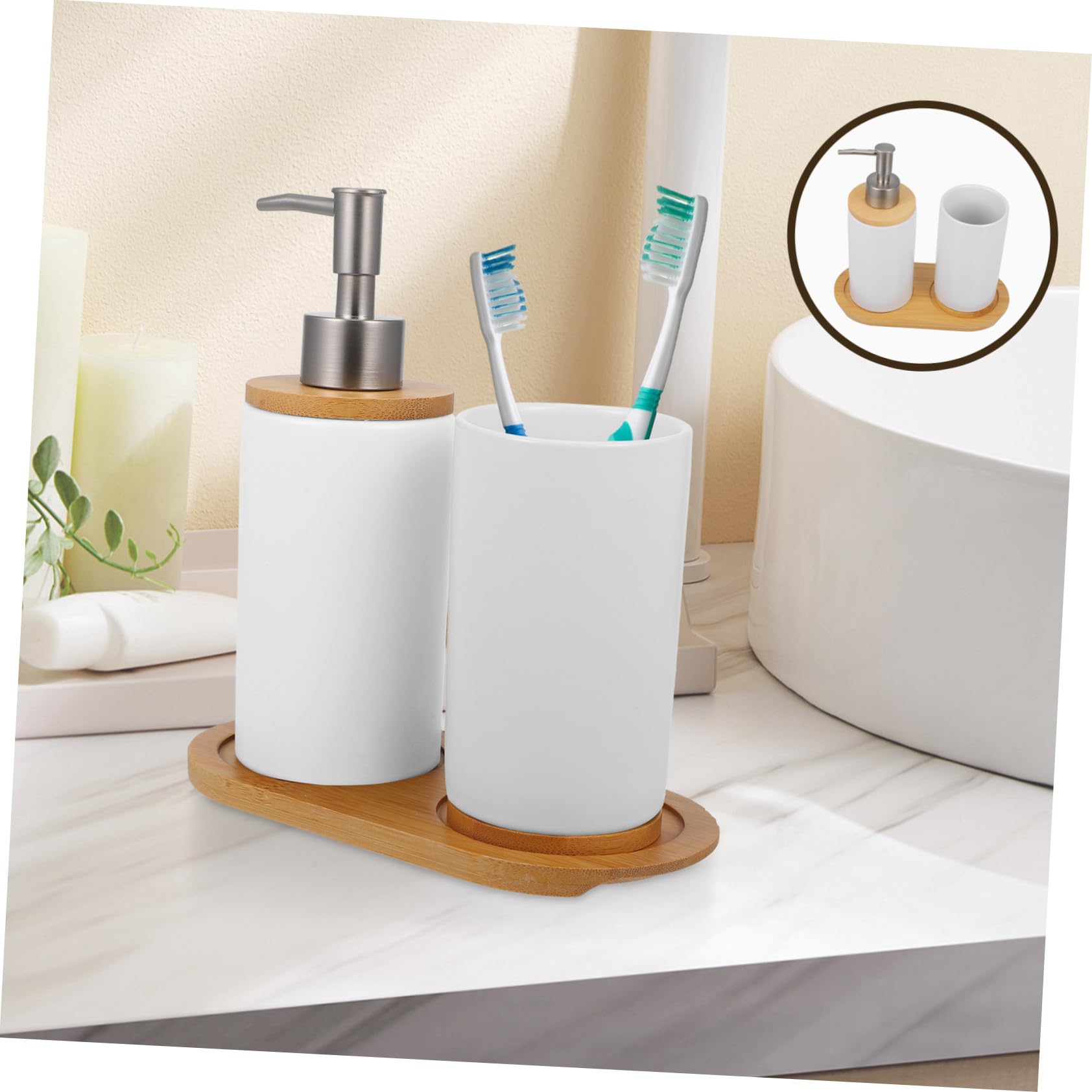 Mobestech Dispensador de Jabón y Vaso para Cepillos de Dientes Accesorios de Cerámica Blanco Conjunto de Baño Portátil y Práctico Portátil y Práctico para Baño y Tocador para Baño y Tocador