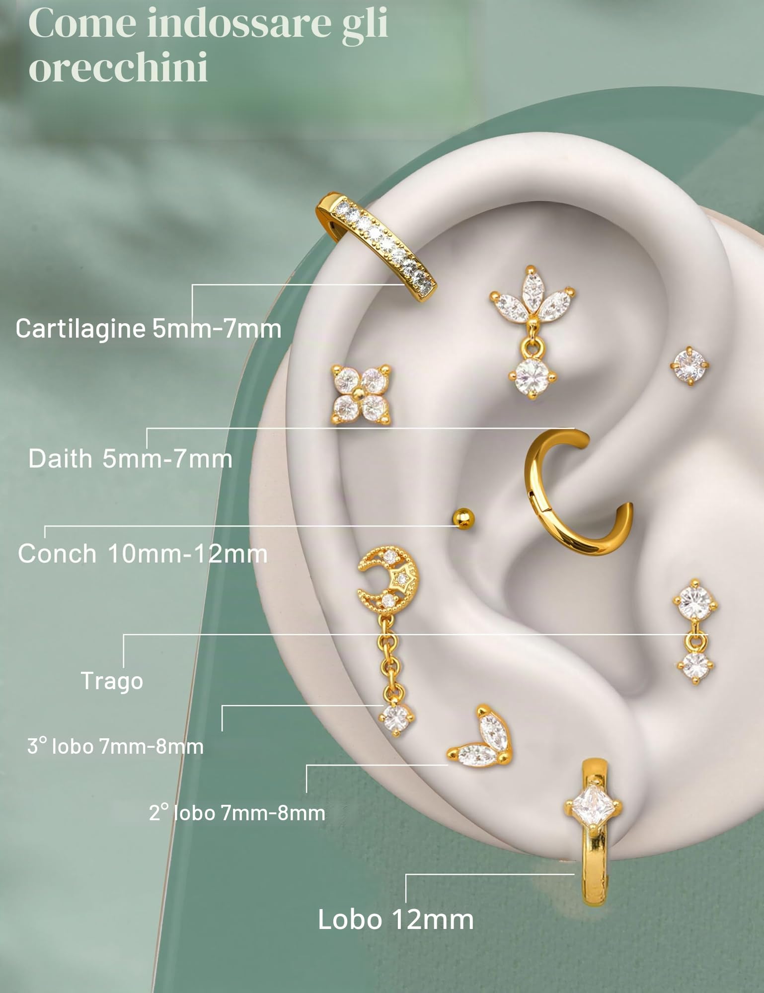 MILACOLATO 16Pcs Piercing Orecchio Acciaio Chirurgico Helix Piercing Orecchio Anallergici Donna Oro Argento Piccoli Cerchio Conch Cartilagine Trago Piercings Gioielli 20G