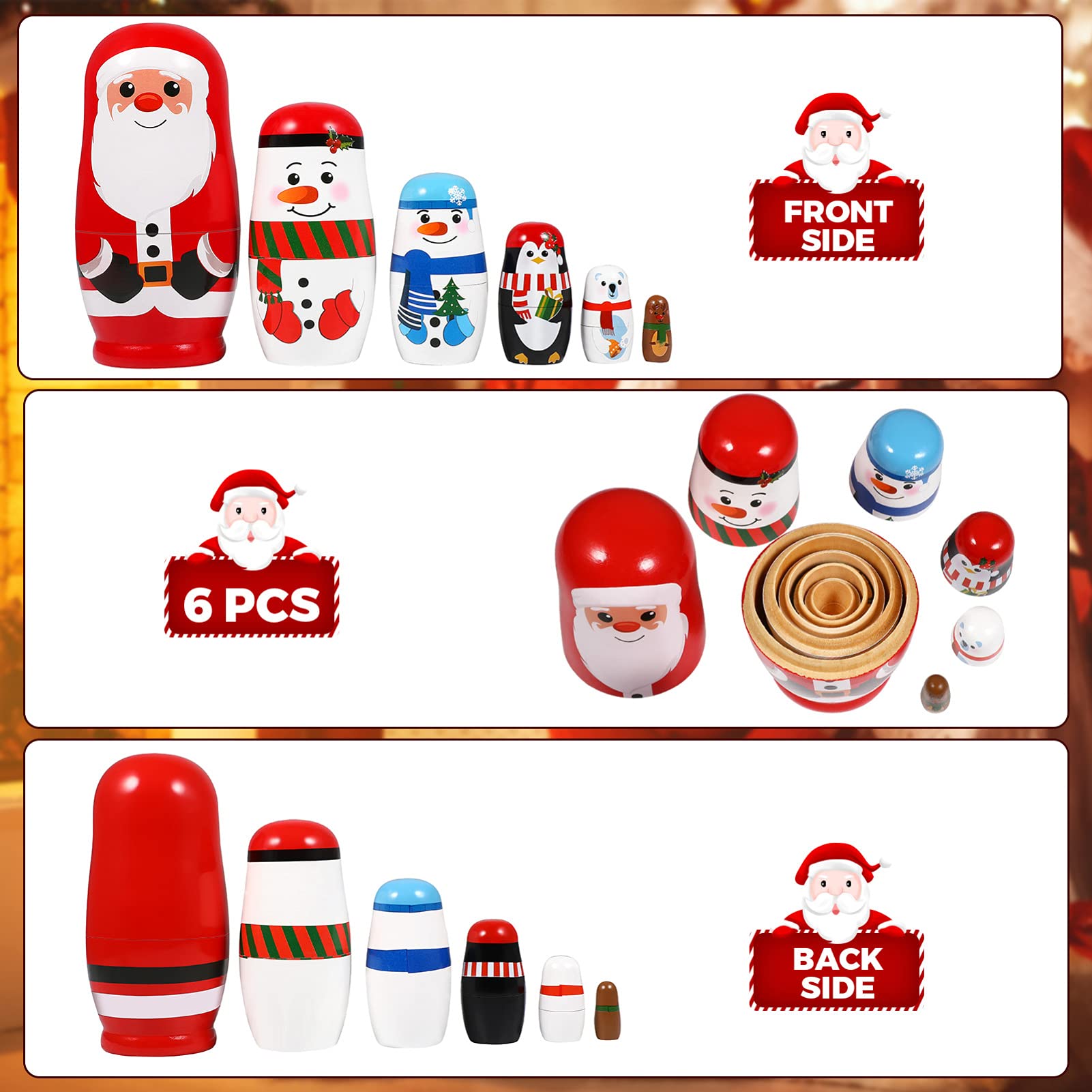 EXCEART Muñeca de Navidad de madera apilable de Navidad rusa Matryoshka muñeca de Navidad de madera nidada con Santa Claus alce muñeco de nieve oso polar pingüino para niños cumpleaños