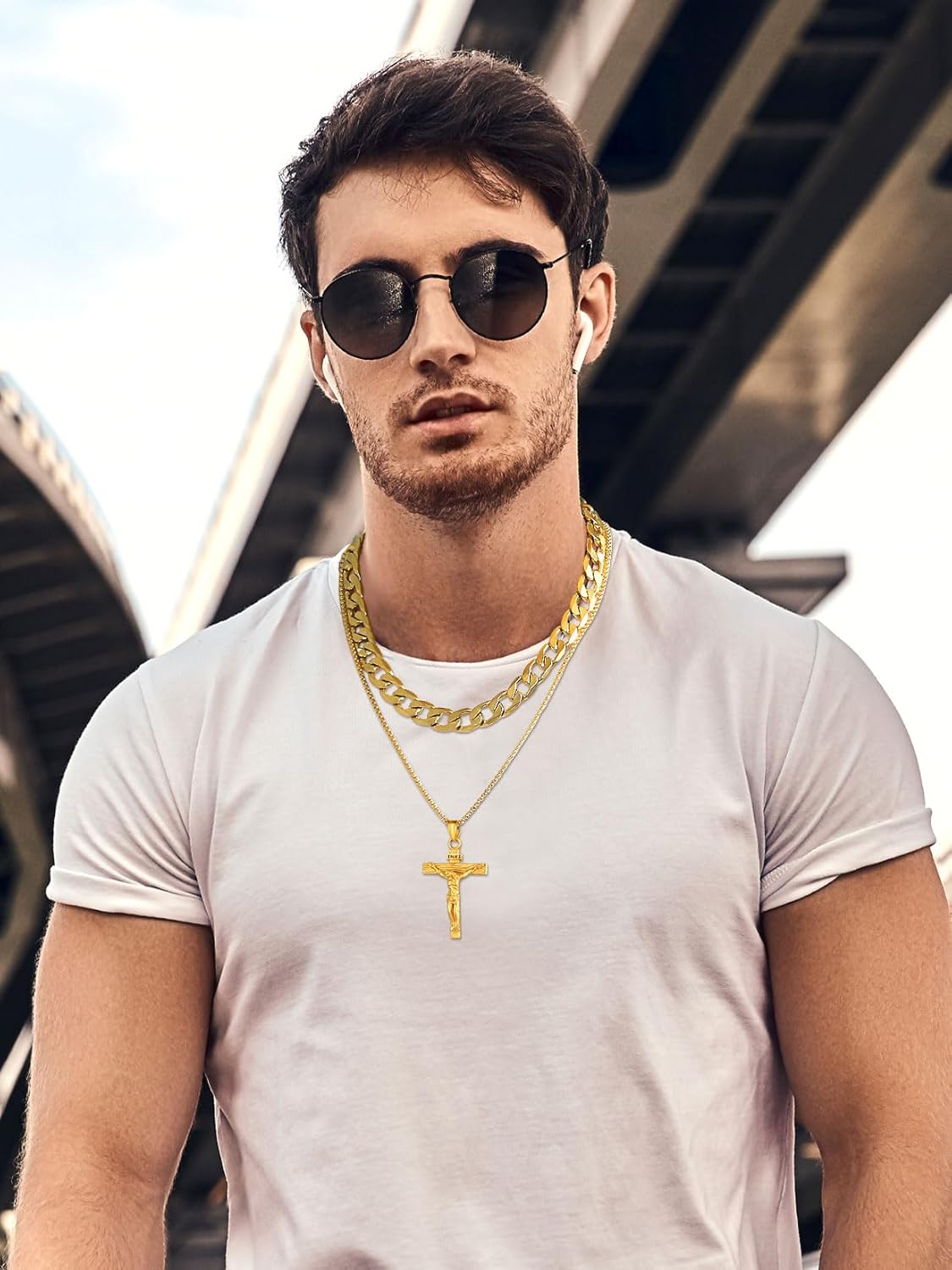 U7 Cross Crucifix Pendant Necklaces (Gold+Steel)