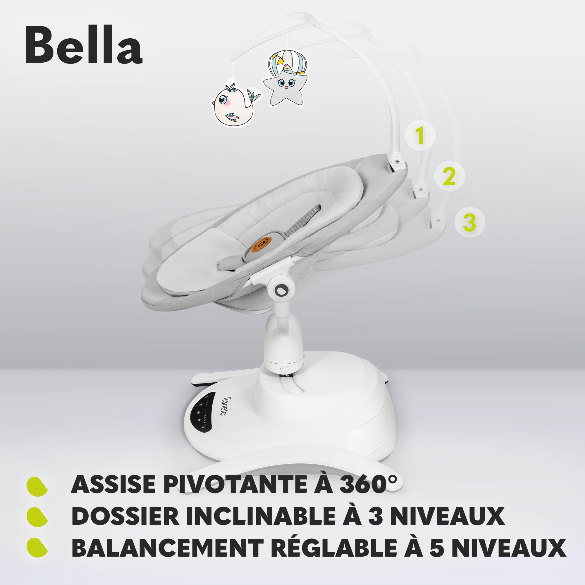 LIONELO Bella Balancelle Bebe Electrique Pivotante à 360° pour les Bébés jusqu'à 9 kg, Dossier Réglable, 5 Vitesses de Balancement, Ceintures de Sécurité, Détection de Mouvement, Antidérapante