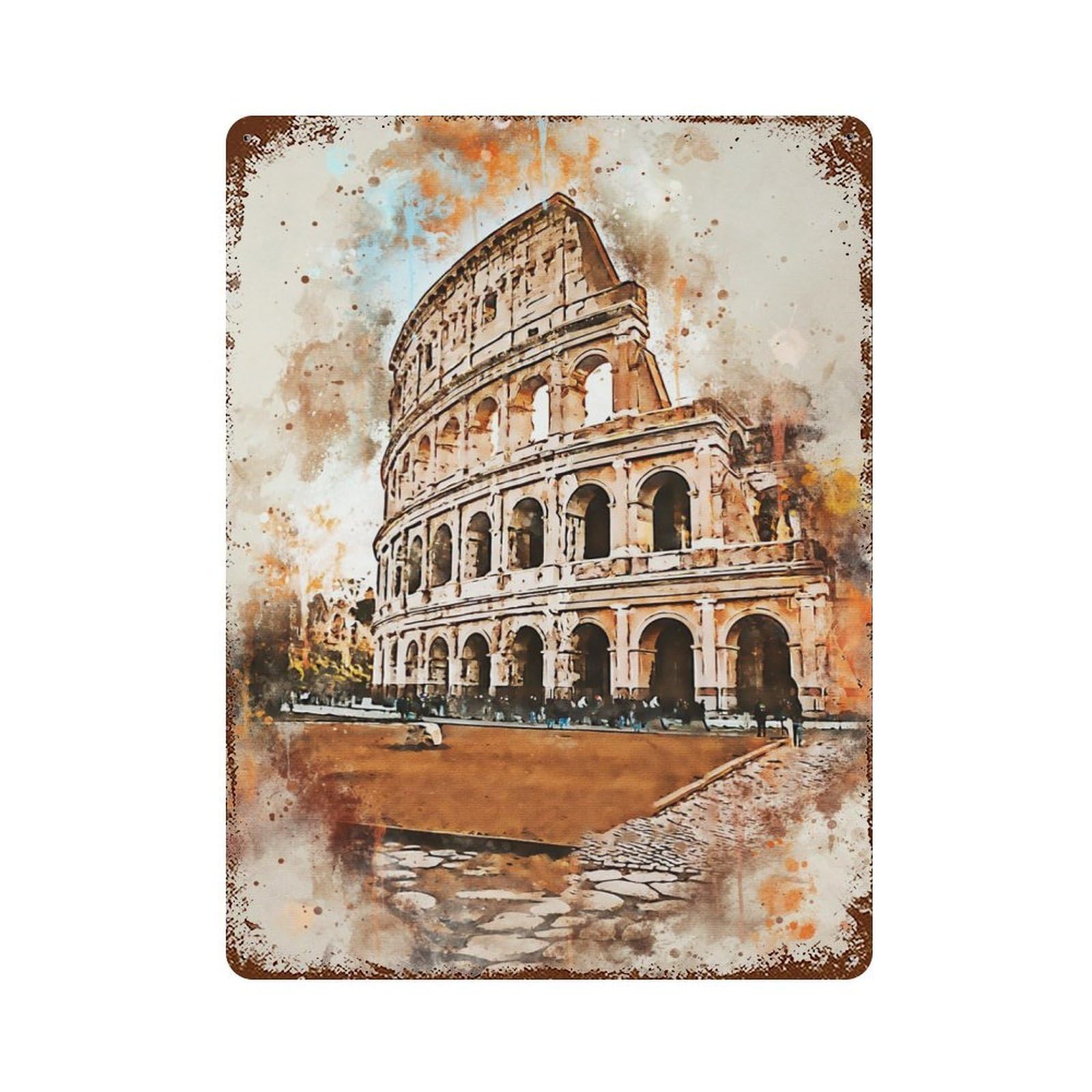 Retro Metal Sign with Rome in Watercolor Design 15.7"x11.8", for Living Room, Hallway And Home Decor, Farmhouse Wall Decor