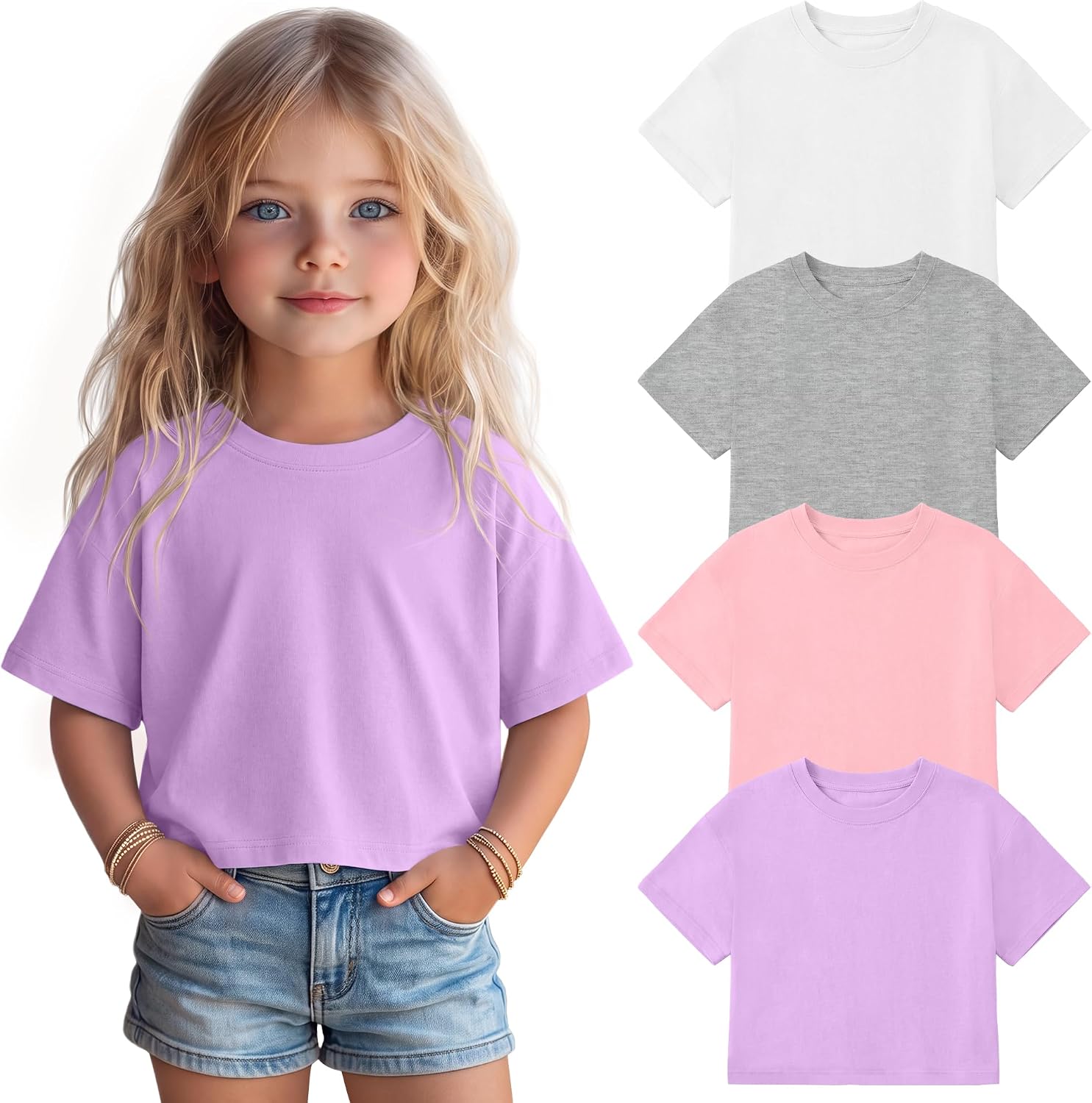 4 Pack Toddler Girls Shirts Crop Tops Baby Girls Crew Neck Cropped T Shirts Short Sleeve Basic Tees Size 18m-5t