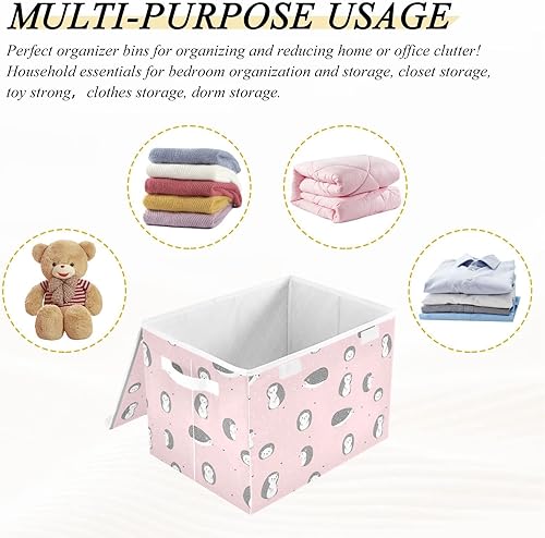 Miniatura 7 de Ollabaky Lindos erizos sonrientes rosados, contenedor de almacenamiento plegable con tapa, caja de almacenamiento, cubos grandes, canastas