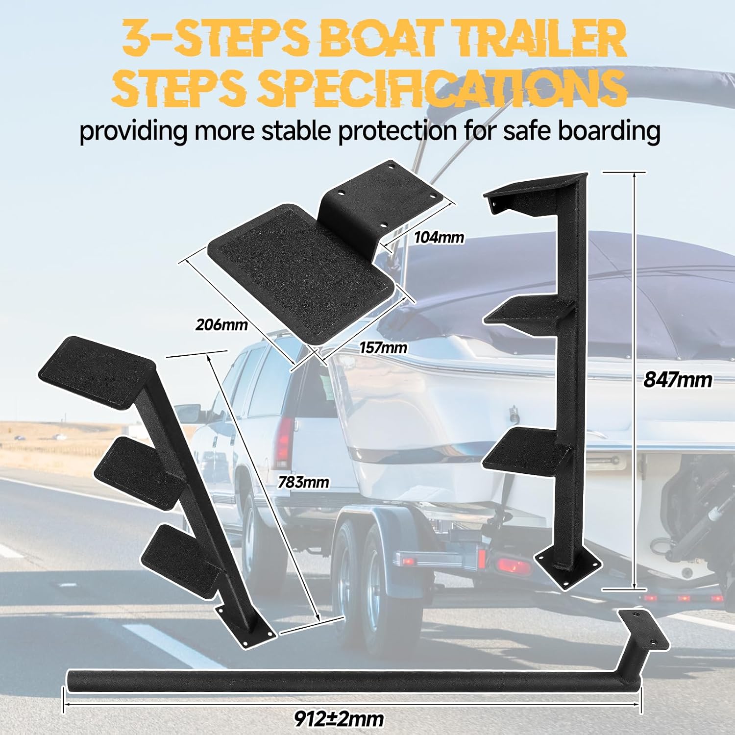 Boat Step Deep V Trailer Steps with Safety Handle, 30.8'' Top Step Height, Non-Slip Surface, Fit for Universal Bass Boat, 400 lbs. Load Capacity