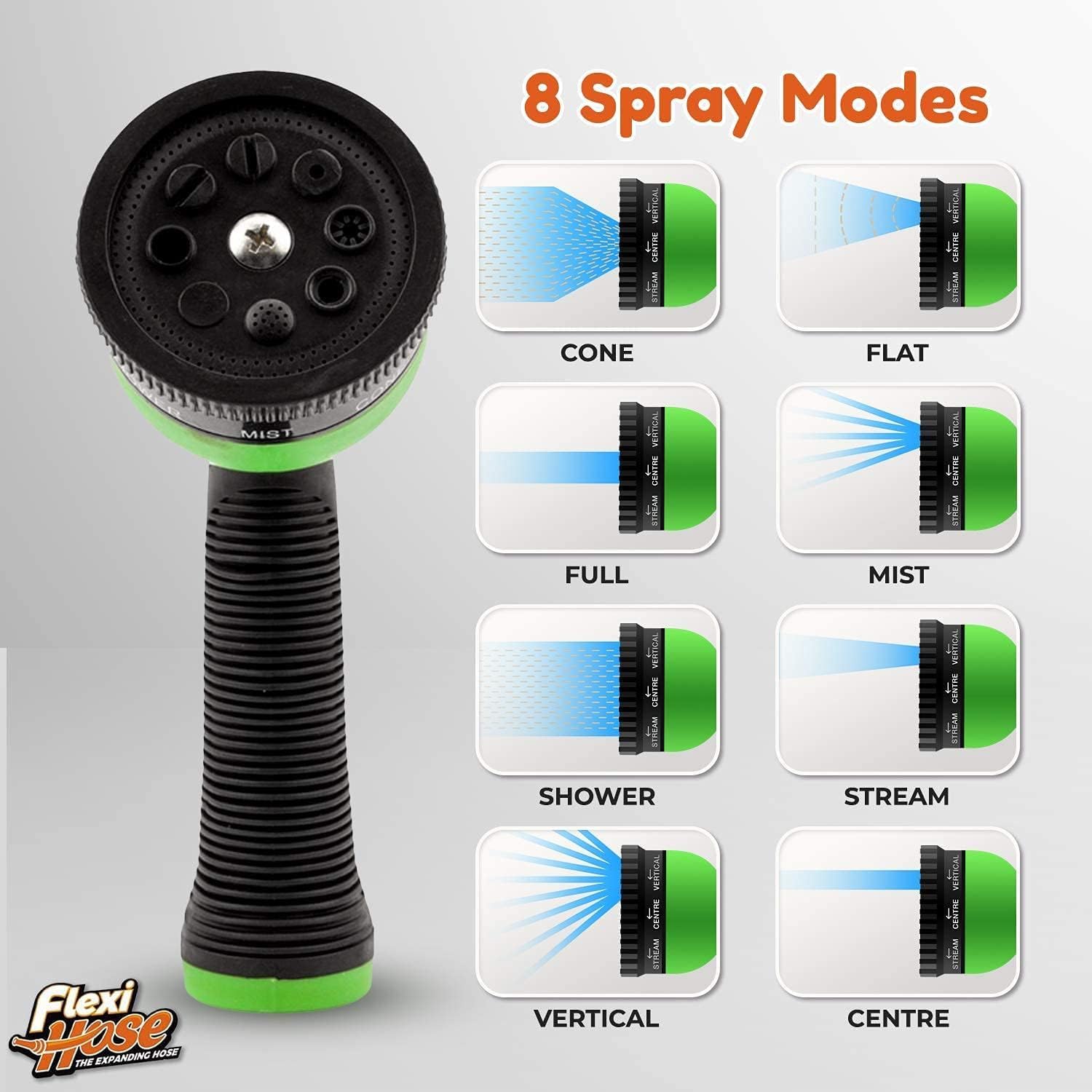 Flexi Hose Mit Düse mit 8 Funktionen, 7,6 m – leichter, dehnbarer Gartenschlauch, knickfreie Flexibilität, 1,9 cm massive Messingbeschläge und doppelter Latexkern, Schwarz und Grün