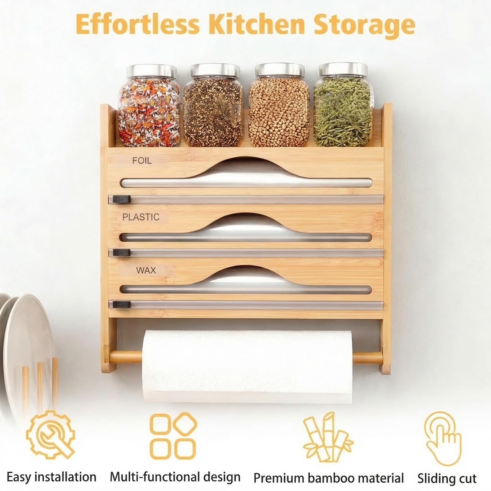 Dozownik folii z nożem, uchwyt na folię 4 w 1, do kuchni, bambusowej folii aluminiowej i folii spożywczej, organizer z nożem do cięcia, organizer kuchenny do przechowywania folii aluminiowej, folii