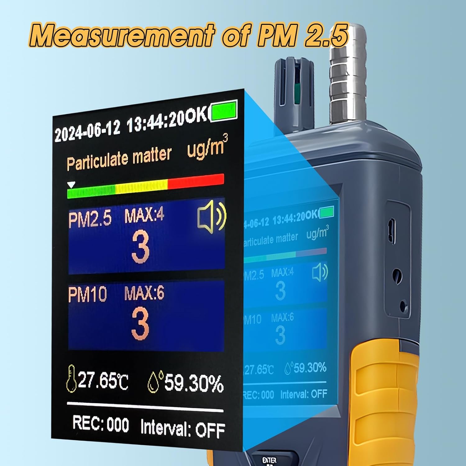 Dust Particle Counter High Sensitivity 3-Channel PM0.3/2.5/10 um Air Quality Monitor 0~1000μg/m³ USB Rechargeable Data Transfer/Temperature and Humidity Monitor