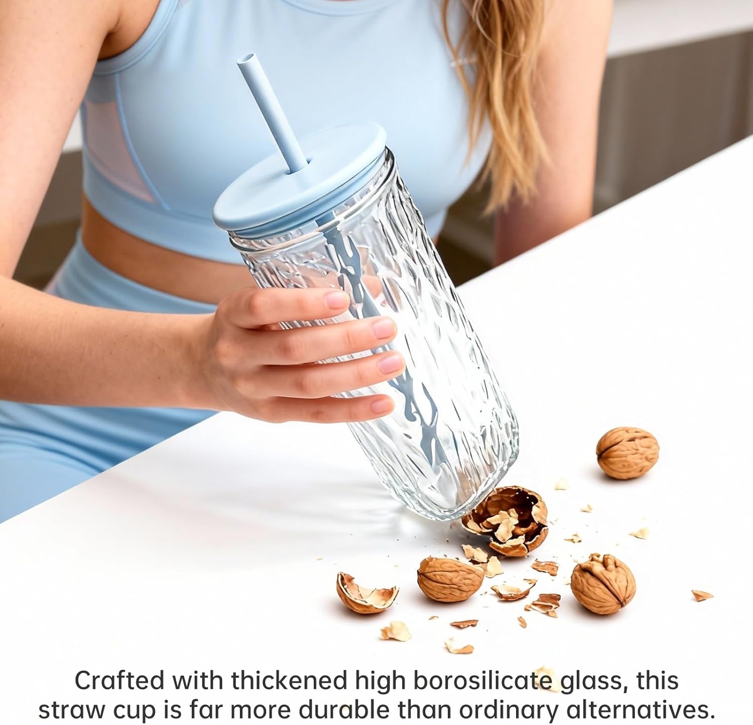 Glass Tumbler with Macaron Lid and Straw, 16OZ Unique Triangular Cup, Cute Ribbed Glassware, Withstand -20℃ to 150℃, Reusable Iced Coffee Cup with Lid (Blue) - Image 2