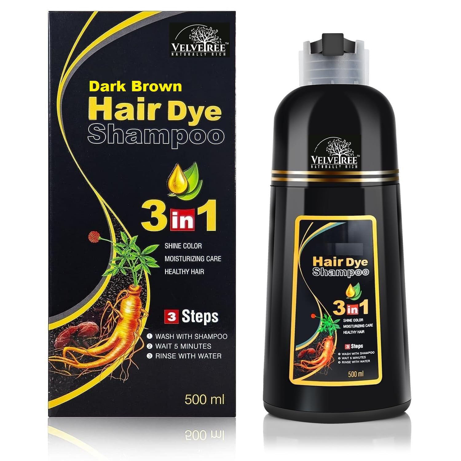 Buy Velvetree Black Hair Dye Shampoo, 3-in-1 Formula, 500ml, With
