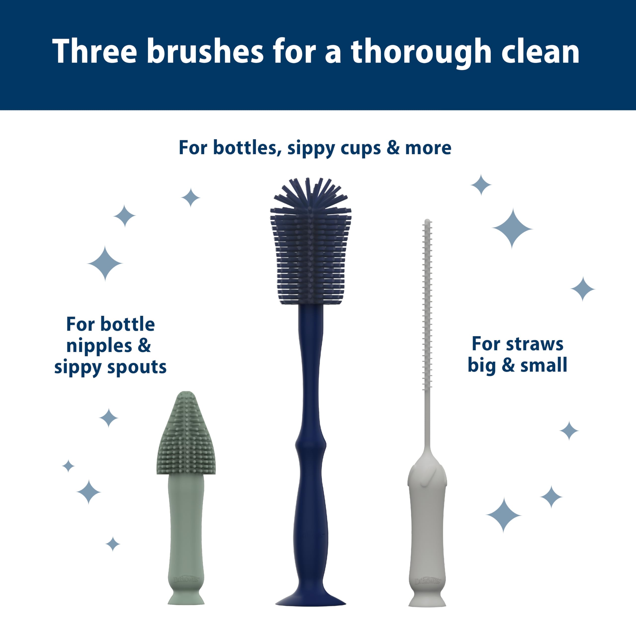 Dr. Brown's Silikon-Reinigungsbürsten-Set mit Flasche, Ausguss und Strohhalmbürste, 3 Bürsten zum Reinigen von Babyflaschen, Ausgießern, Nippeln und Strohhalmen, BPA-frei, 3er-Pack