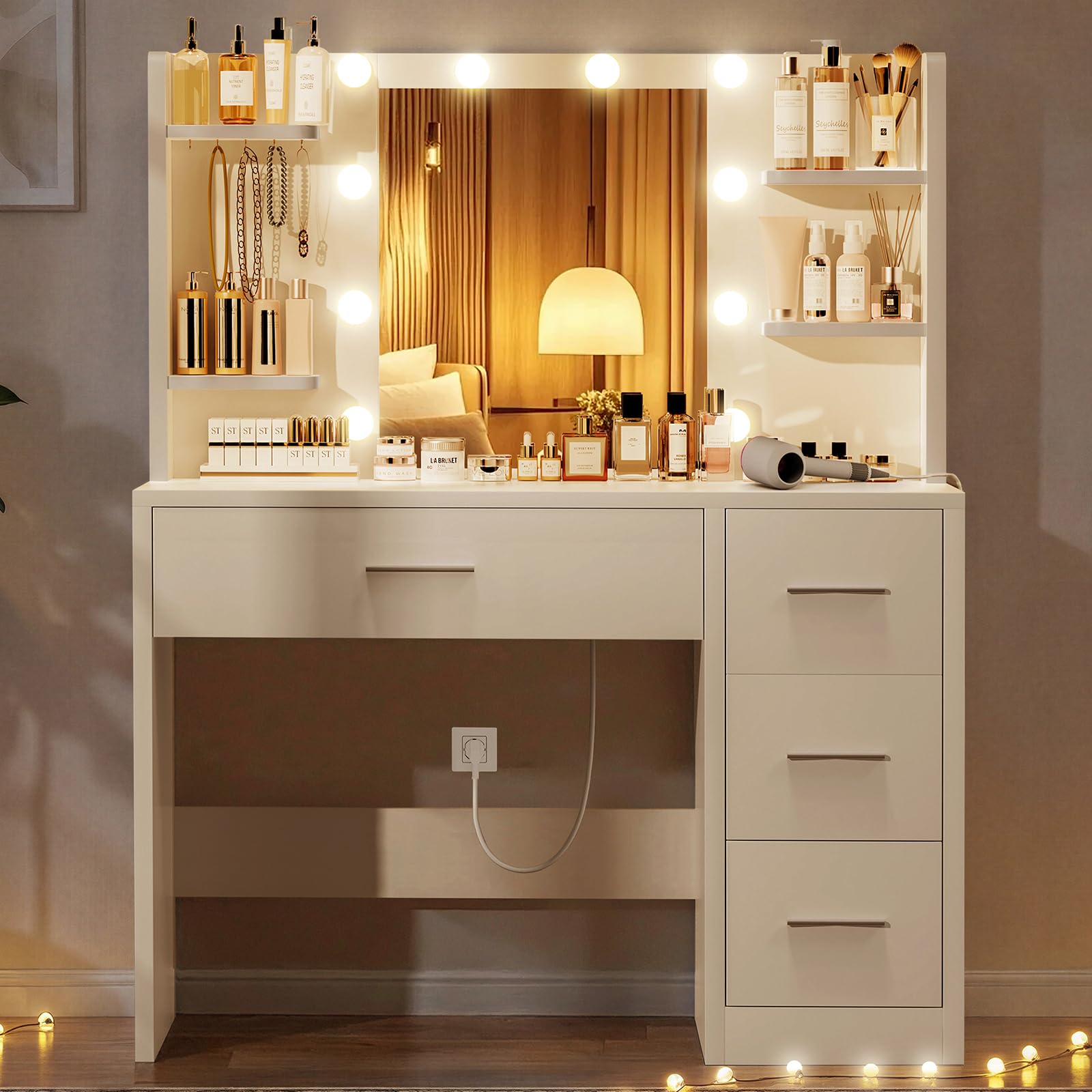 Tocador, Tocador de Maquillaje con Luces y Espejo, Mesa de Maquillaje con Toma de Corriente, Mesa de Maquillaje con 4 Cajones, 4 Estantes Abiertos, 5 Ganchos de Joyería para, Blanco