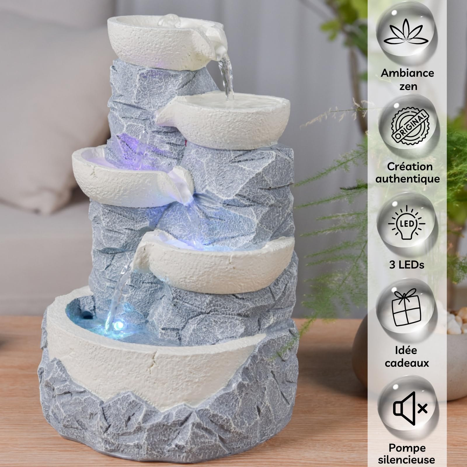 Fontaine d’Intérieur Cascade 4 Niveaux Jarre Effet Pierre Naturelle Lumière LED Coloré, Déco d’intérieur Zen et Reposant, Fontaine de Table, Idée Cadeau Exceptionnelle, H 31cm – Ganda Zen’Light