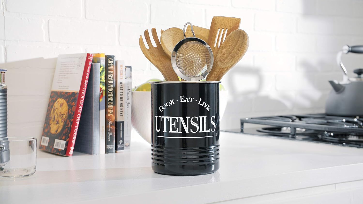 Walford Home Original Kitchen Utensil Holder Crock, Black With Premium Padded Base - Vintage Farmhouse Home Kitchen Decor - Large Kitchen Tool Utensil Storage Caddy Organizer : Home & Kitchen