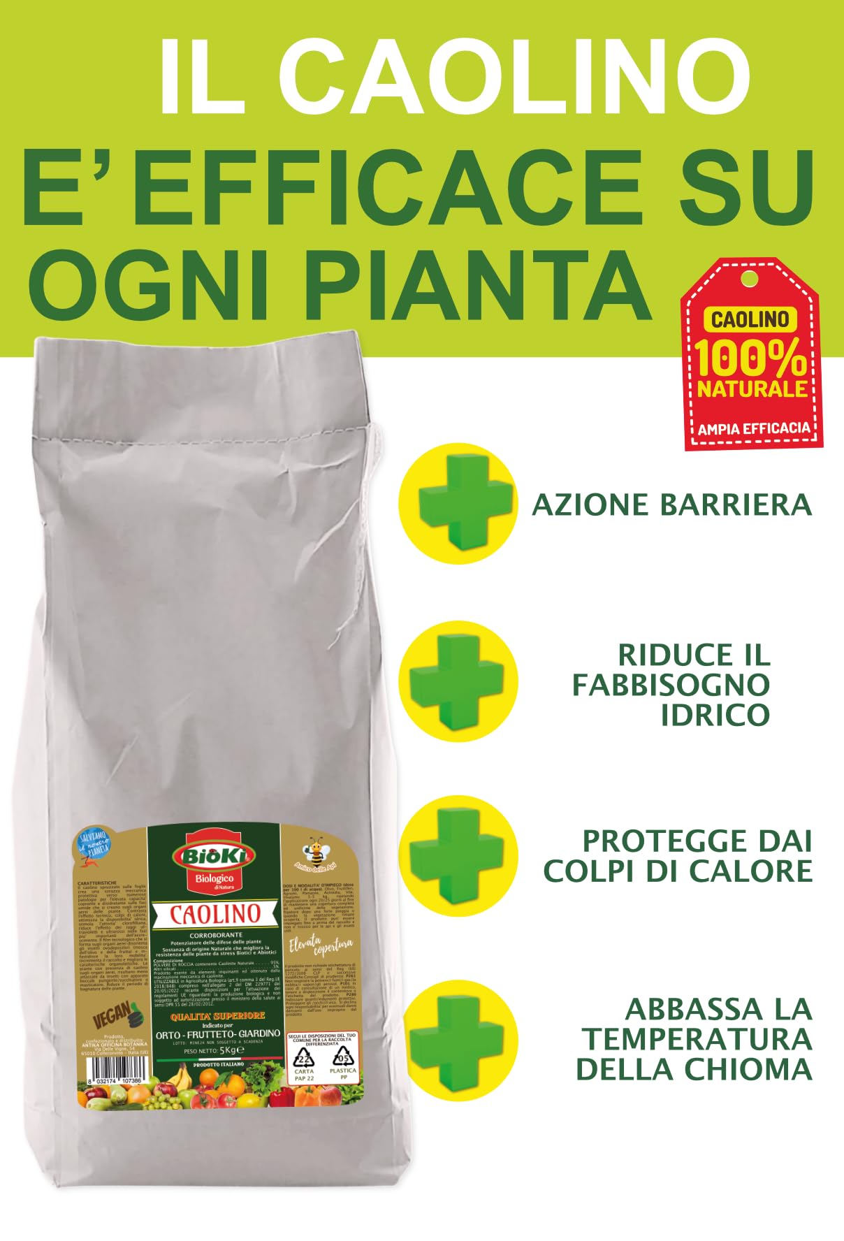 CAOLINO PER AGRICOLTURA -CORROBORANTE E POTENZIATORE DELLE DIFESE NATURALI DELLE PIANTE - "CAOLINO POLVERE DI ROCCIA" SACCO DA 5 KG