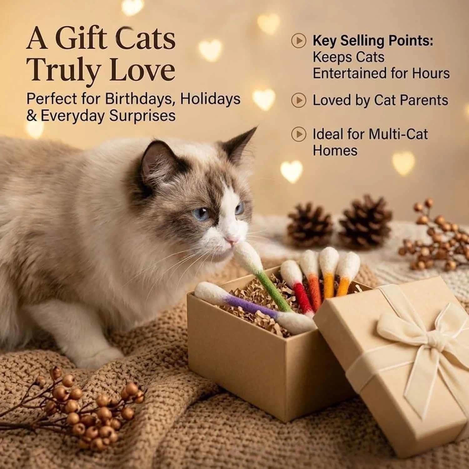Cotton Swabs Cat Toys with Catnip,6pcs Giant Cotton Swab Cat Toys,Durable Dental Teething Stick,Felt Kitty Kicker Toy Stick,Interactive Biting Toy for Indoor Anxiety Digestive,Stress Relief(Colorful)