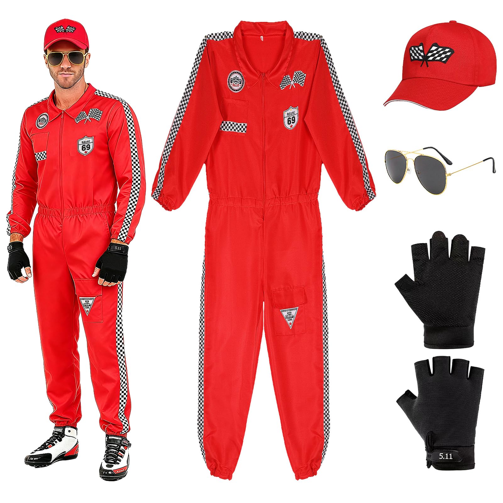 Rennfahrer Kostüm Herren Damen Roter Overall Kostüm Racing Checkerboard Pattern Elastic Cuffs Ankles für Erwachsene Halloween Karneval Party Cosplay