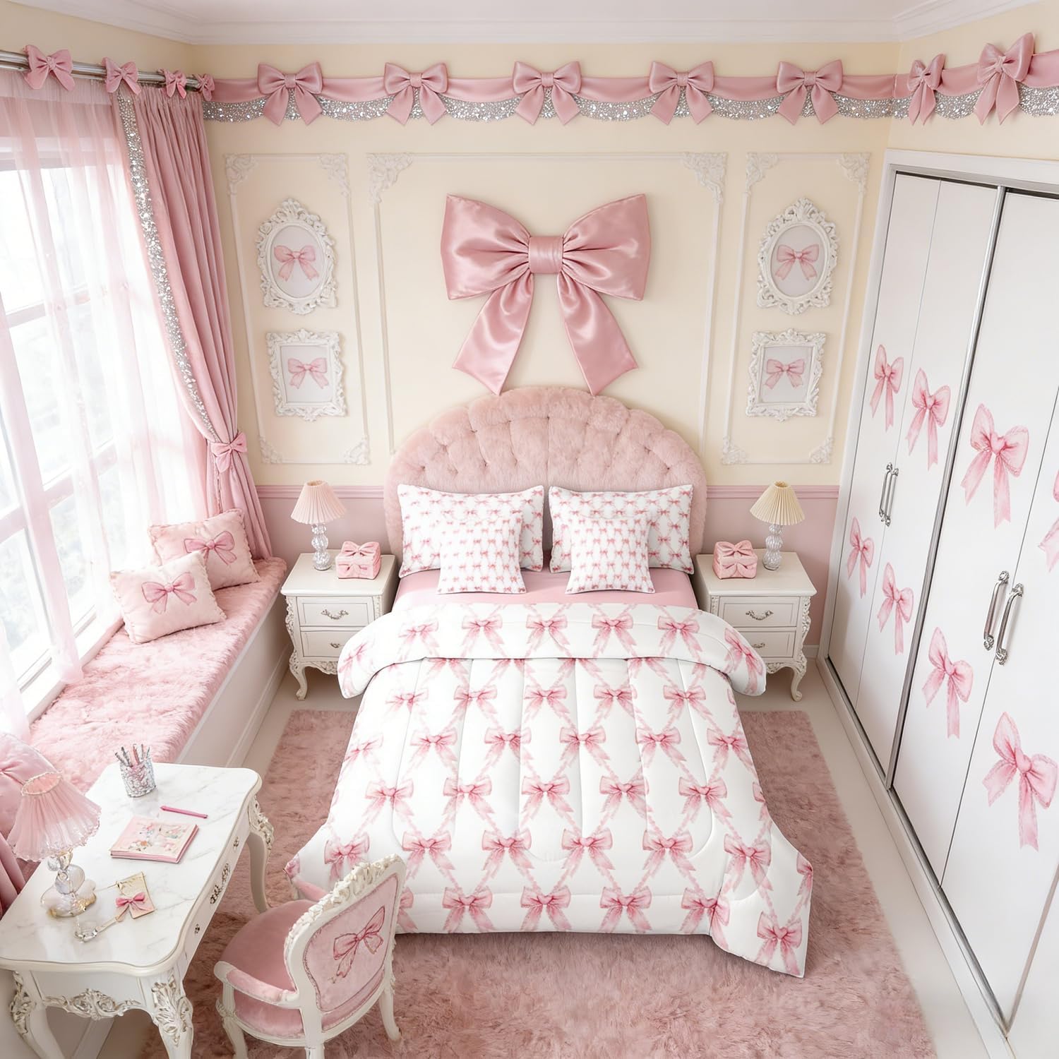 Erosebridal Kids Blue Princess Bow Queen Bedding Sets 7 Piece for Girls Kawaii Ribbon Bow Girly Comforter Set with Sheets for Teen,Diamond Sequins Bow Tie Bed in A Bag Watercolor Bowknot Bed Set