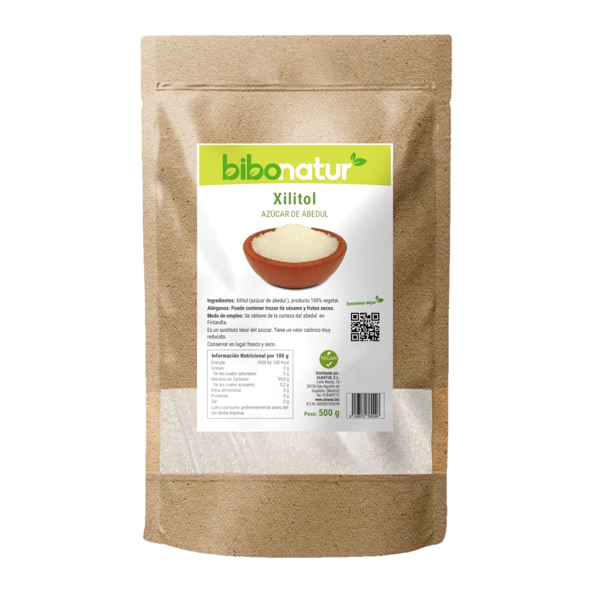 Bibonatur Xilitol 500gr – 100% Vegetal: azúcar de Abedul – Edulcorante Sustituto Natural del Azucar - Bajo Índice Glucémico – Bajo Índice Calórico