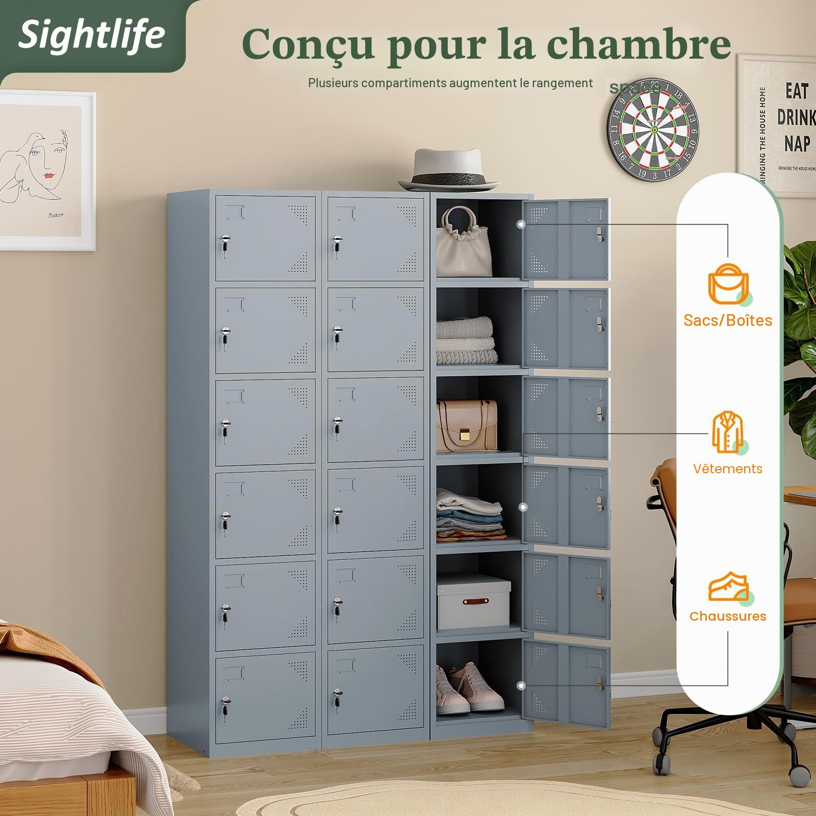 Sightlife Casier métallique 6 portes Armoire vestiaire avec clé 160x38x43.2cm Gris