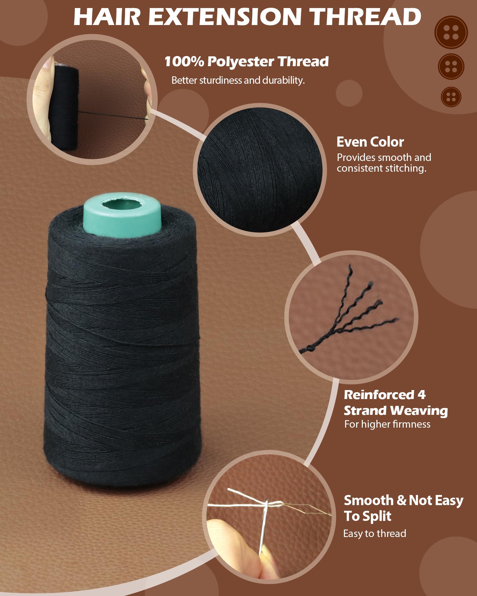 FIVEIZERO Hilo de extensión de cabello de 900 yardas, hilos de coser con 30 agujas T/C/J/I para coser a mano, extensiones de cabello, fabricación de extensiones de cabello, modelado de manualidades