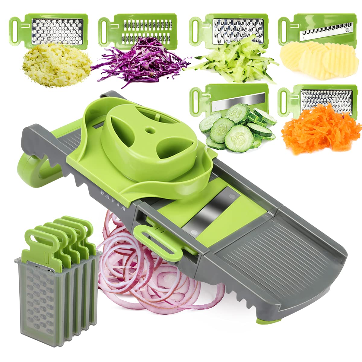 FAVIA Vegetable Chopper with Container Mandoline Slicer for Kitchen Multifunction 6-in-1 Vegetable Slicer Blade Veggie Cutter Onion Potato Slicer