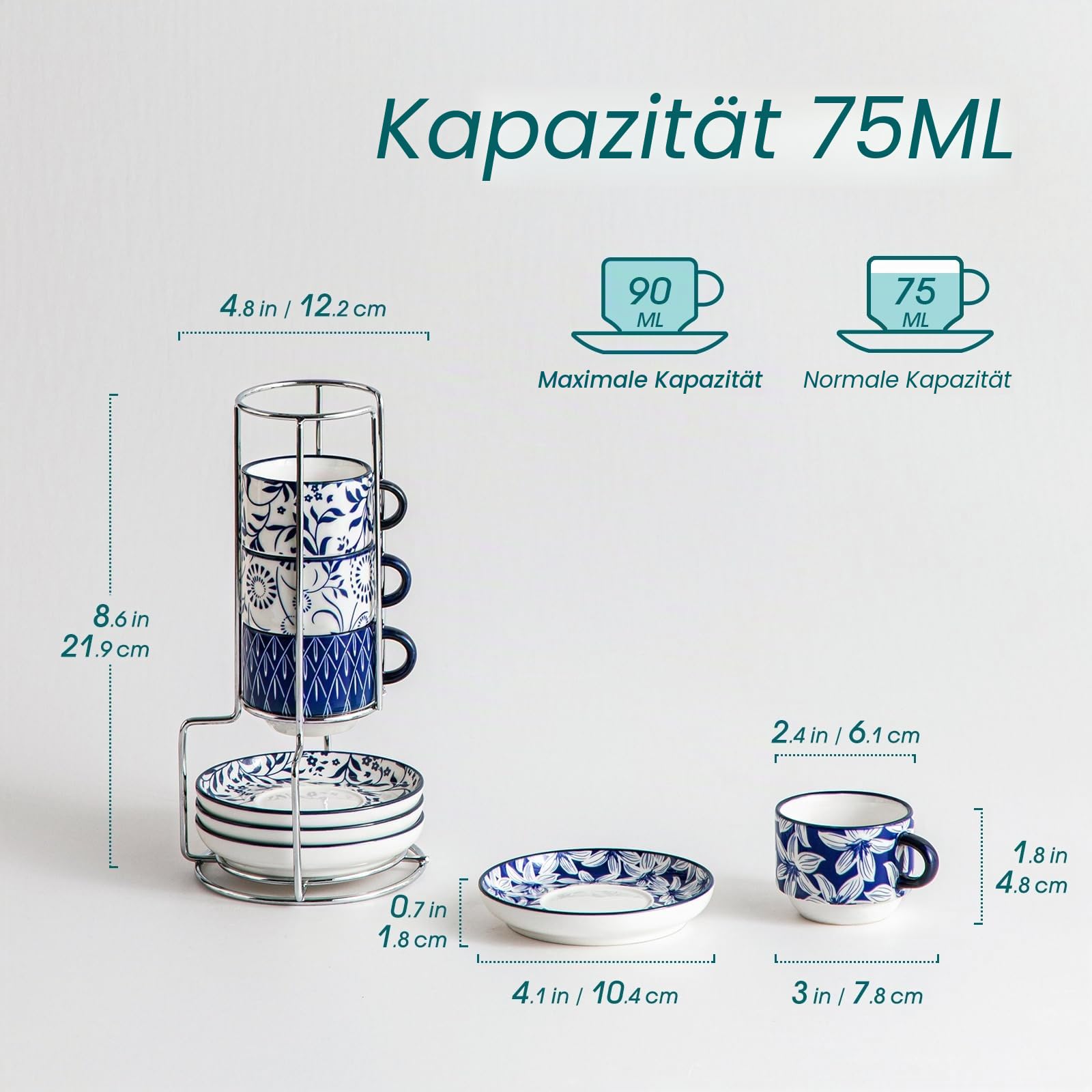 vancasso Espressotassen Set, SELENE Espresso Tassen Set mit Untertasse & Ständer, Stapelbar Dickwandig Kaffeetassen aus Porzellan für Cappuccino, Latte und Tee, Vintage blau-weiß (4 x 90 ml)