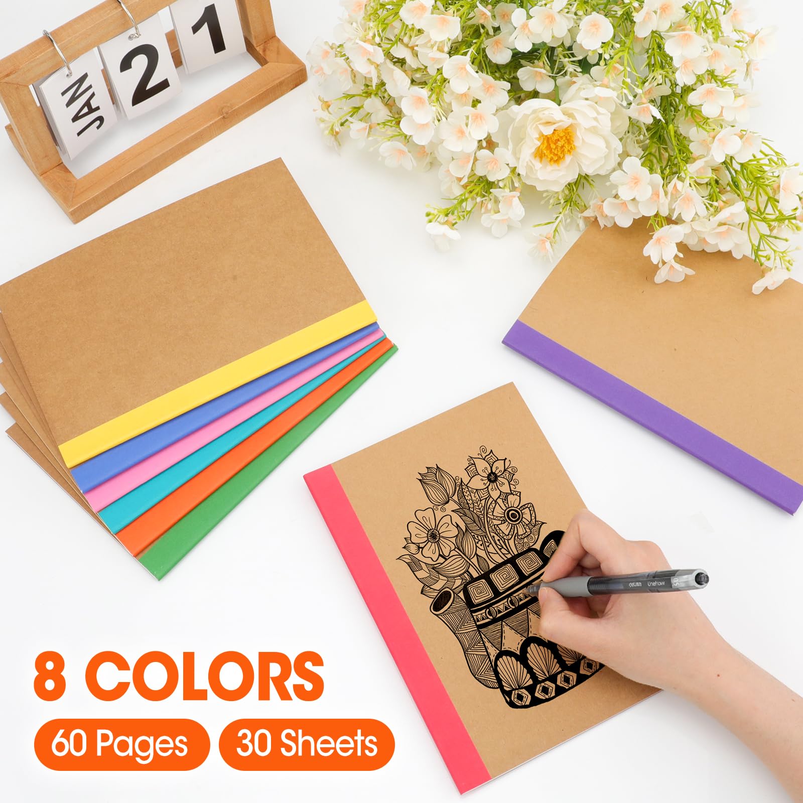 YesBes Confezione da 32 quaderni per composizione, formato A5, copertina in carta kraft, a righe, 21,1 x 14 cm, per scuola, ufficio, studenti, artisti, 8 colori, 60 pagine