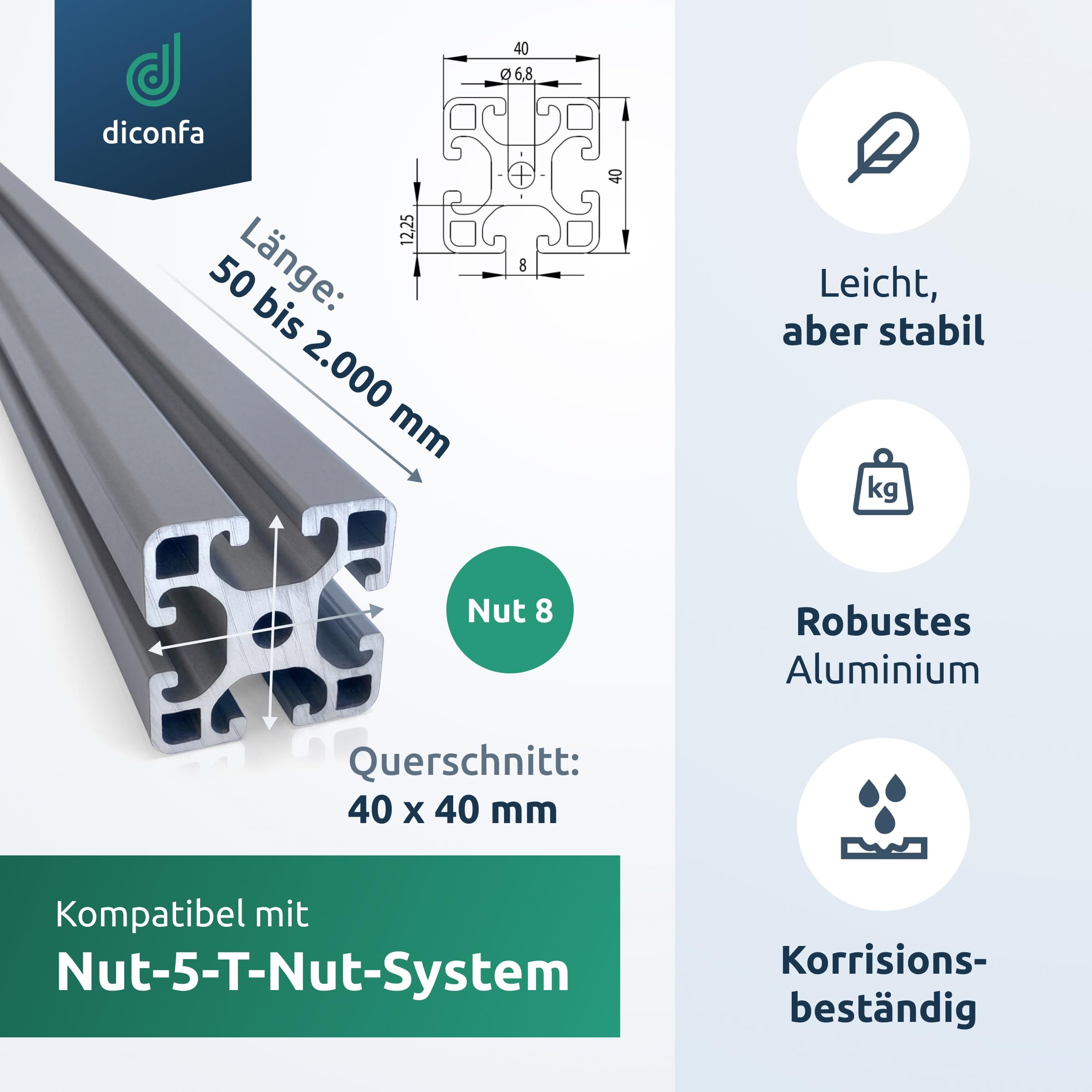 diconfa 40x40 Aluprofil Nut 8 WUNSCHLÄNGE (MM) + MENGE WÄHLEN - 6 Stück, 601mm bis 700mm lang T-Nut Schiene - 40x40mm Aluminiumprofil Systemprofil Aluminium Alu Profil kompatibel mit ITEM-Profil