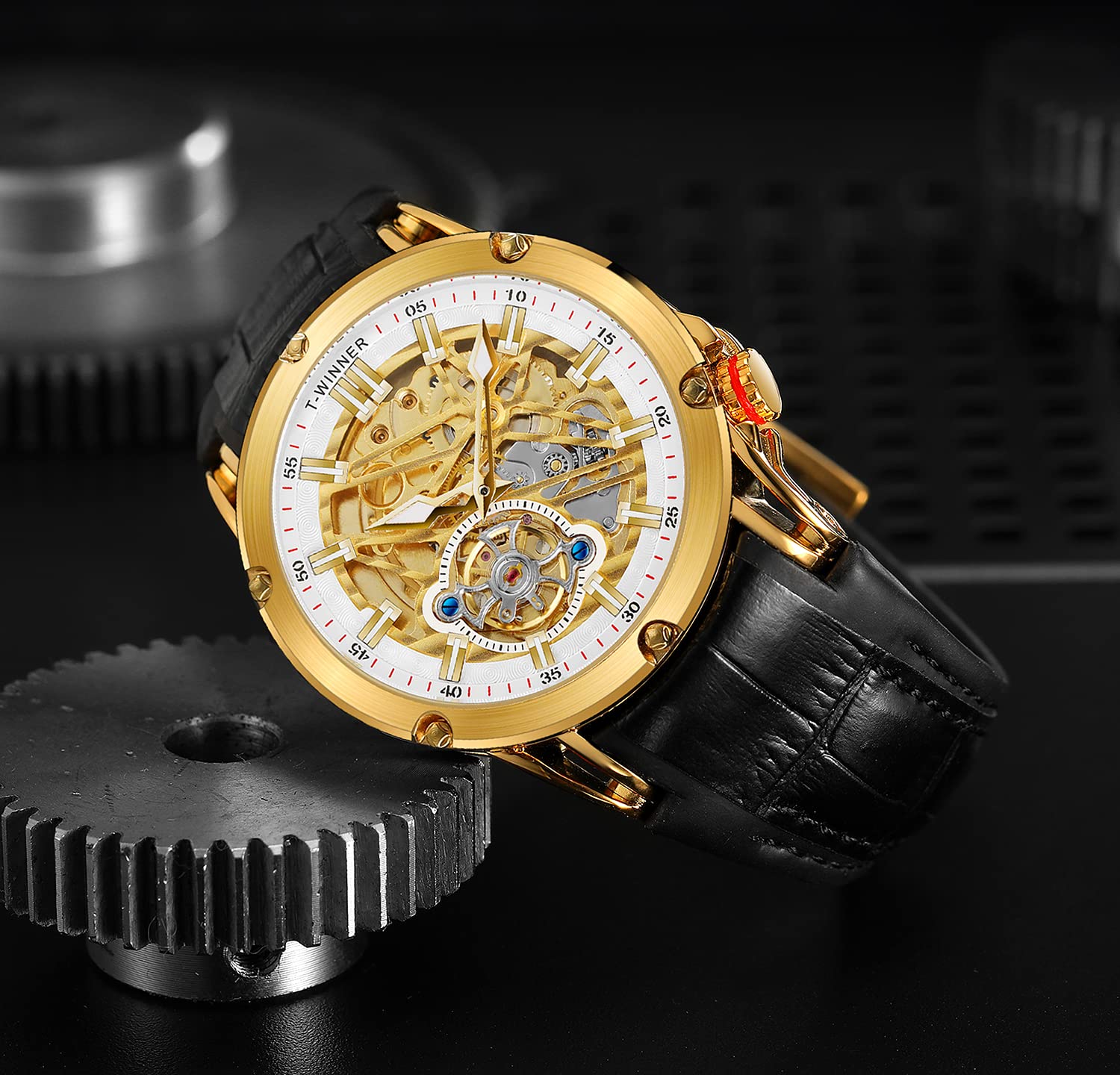 FORSINING Orologio da uomo automatico impermeabile con grande quadrante esotico Tourbillion Skeleton Watch