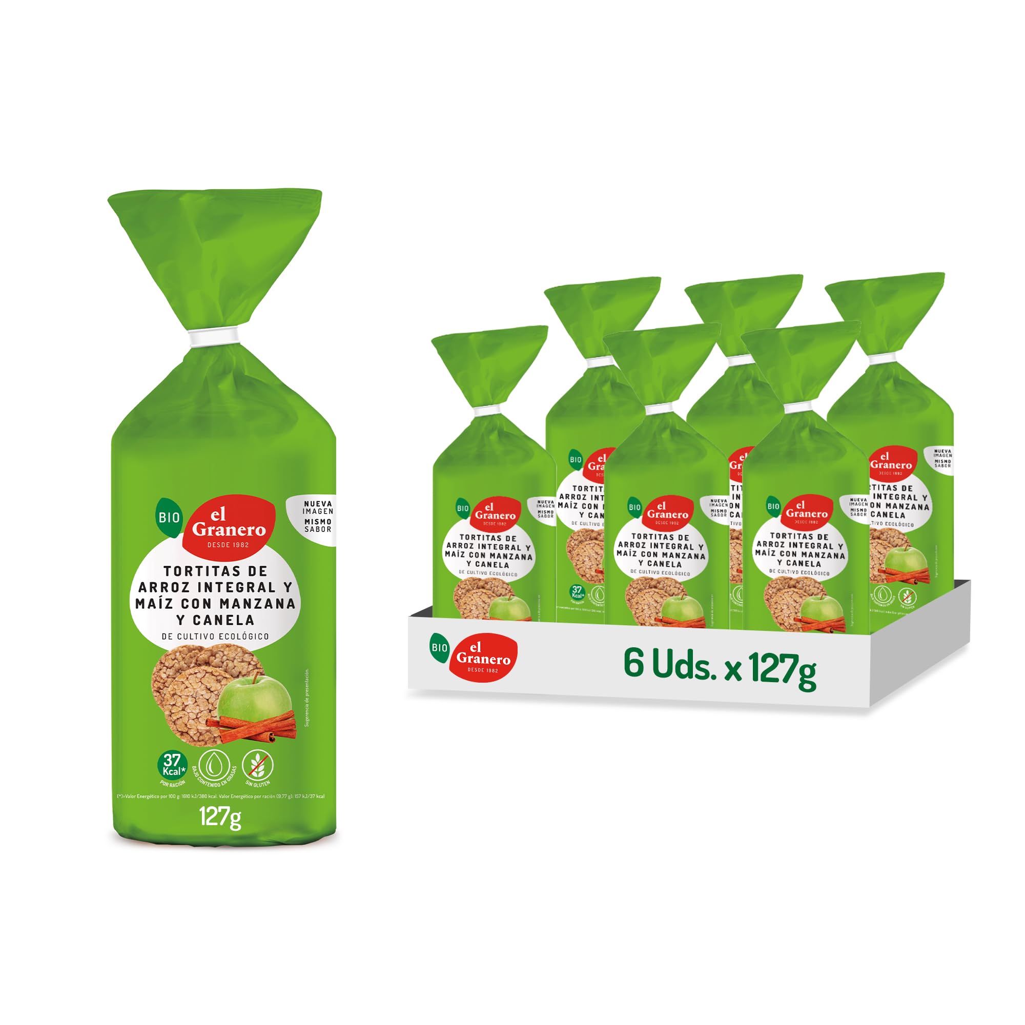 El Granero Integral - Pack de 6 Unidades de 127 g de Tortitas Ecológicas de Arroz Integral y Maíz con Manzana y Canela - 127 g - Bajo Contenido en Sal - Sin Gluten - Aptas para Veganos