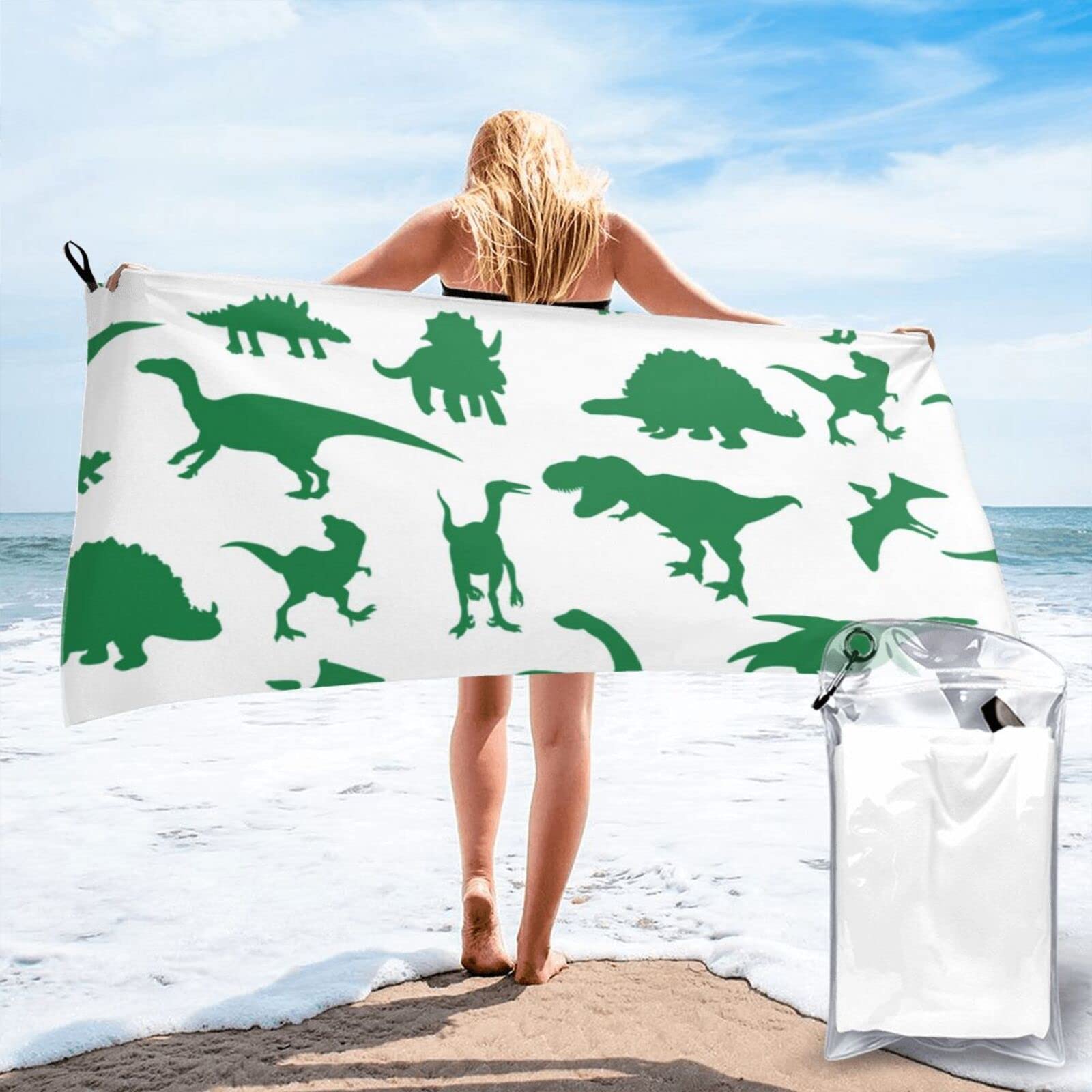 Lawenp Animal Dinosaurs Microfiber Beach Towel Adults Large Quick Drying Bath Towel Travel Towels with Pouch 27.5"x55"